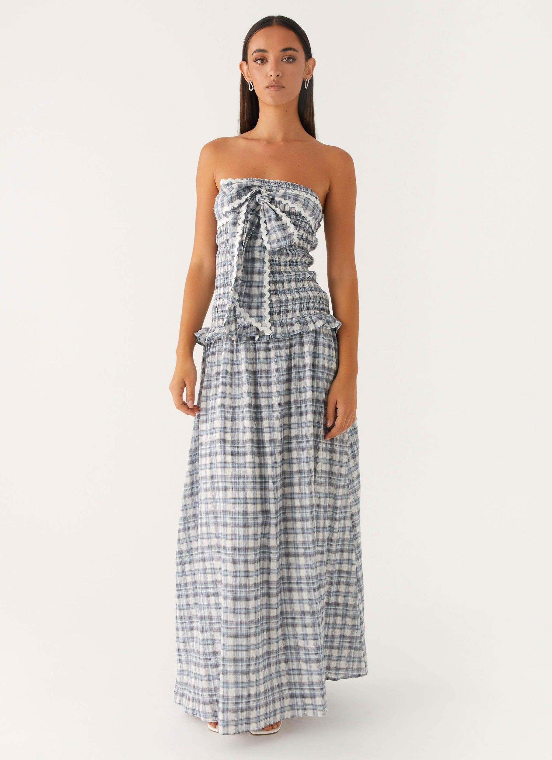 Malia Shirred Maxi Dress - Blue Grey Check Product Image