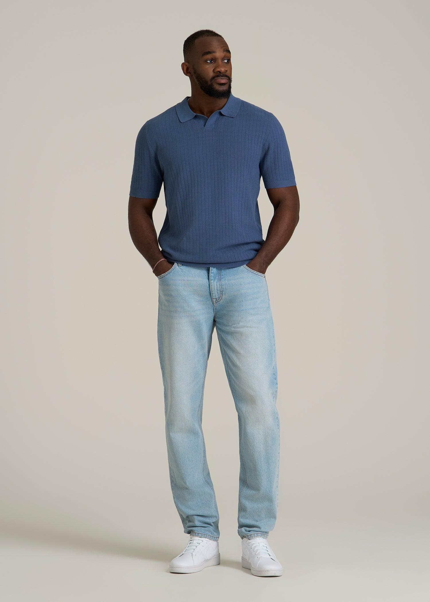 Linen Blend Ribbed Knit Polo Shirt for Tall Men in Steel Blue Male Product Image