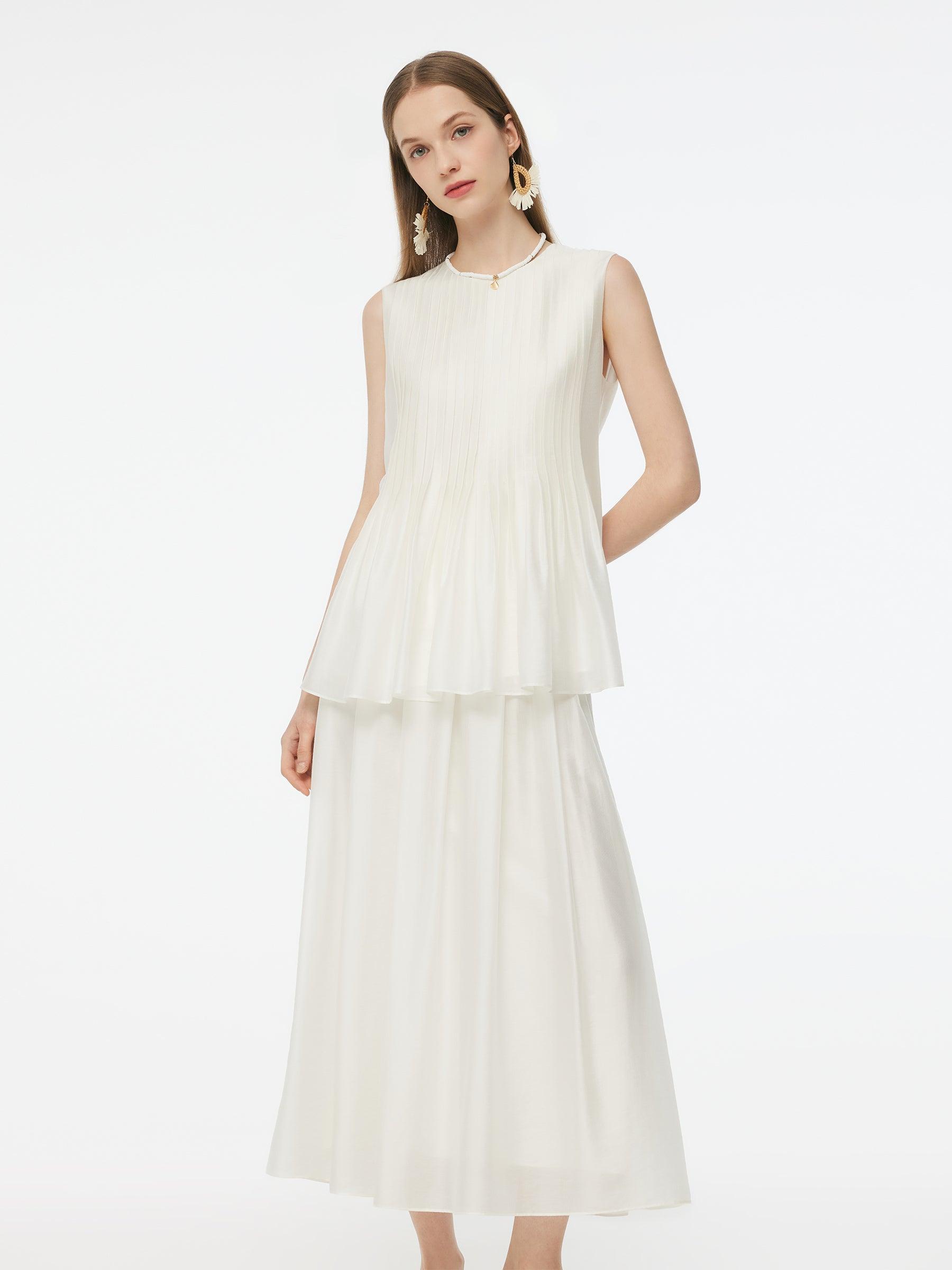 Tencel Blend Pleated Tank Top And Skirt Two-Piece Set Product Image