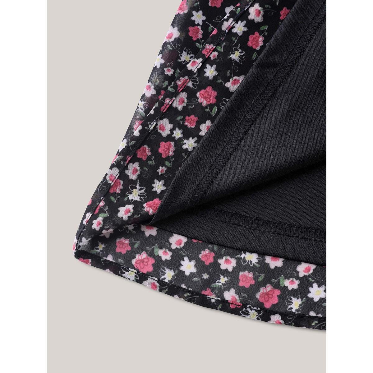 Plus Size Black Floral Print Shirred Waist Cinched Shirt Women Timeless Half Sleeve V-neck Elegant Blouses BloomChic 12/L Product Image