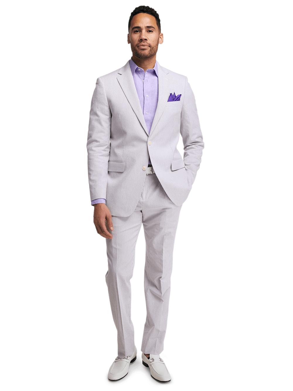 Cotton Stretch Stripe Seersucker Notch Lapel Suit - Purple/white Product Image