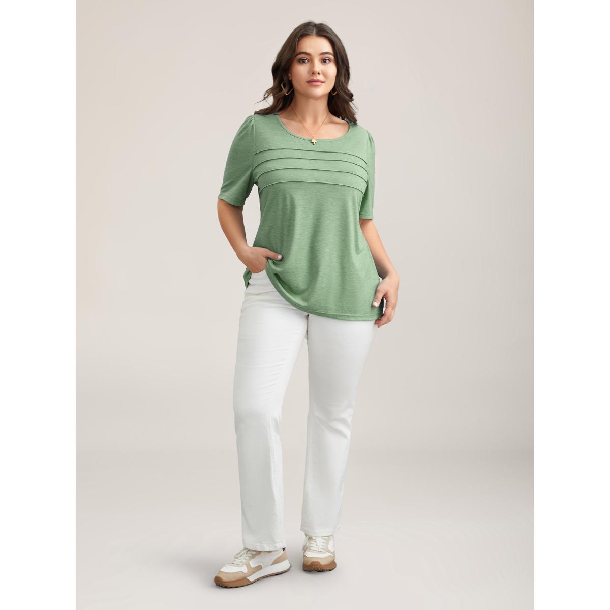 Plus Size Seamed Round Neck Fitted T-Shirt Greenbean Women Leisure Tucked seam Round Neck Casual T-shirts BloomChic 14-16/1X Product Image