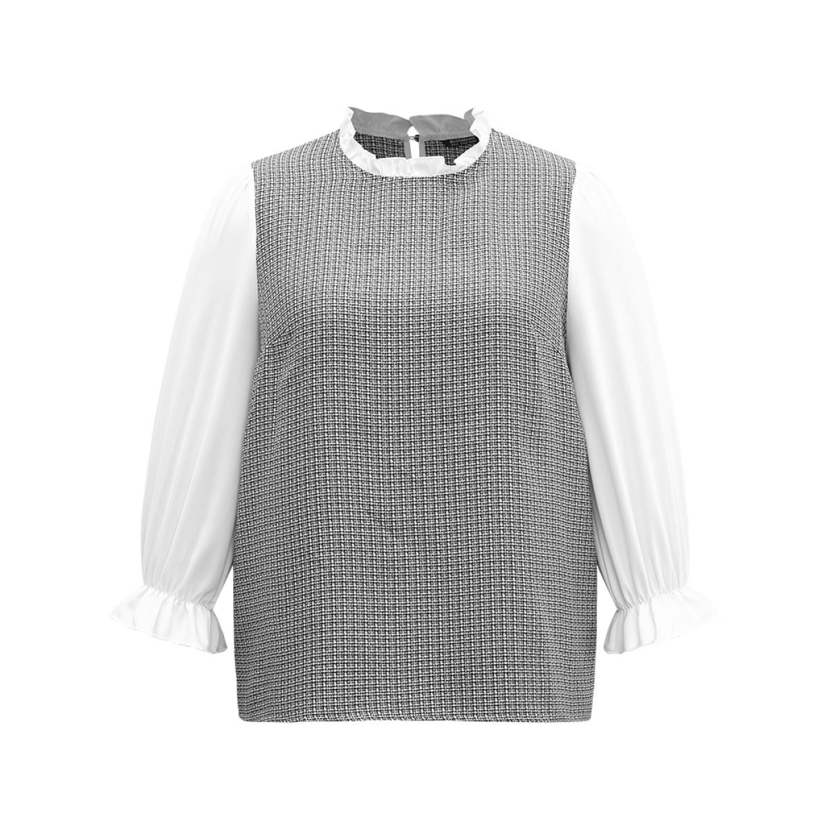 Plus Size White Gingham Ruffles Patchwork Frill Trim Blouse Women Office Long Sleeve Stand-up collar Office Blouses BloomChic 12/L Product Image