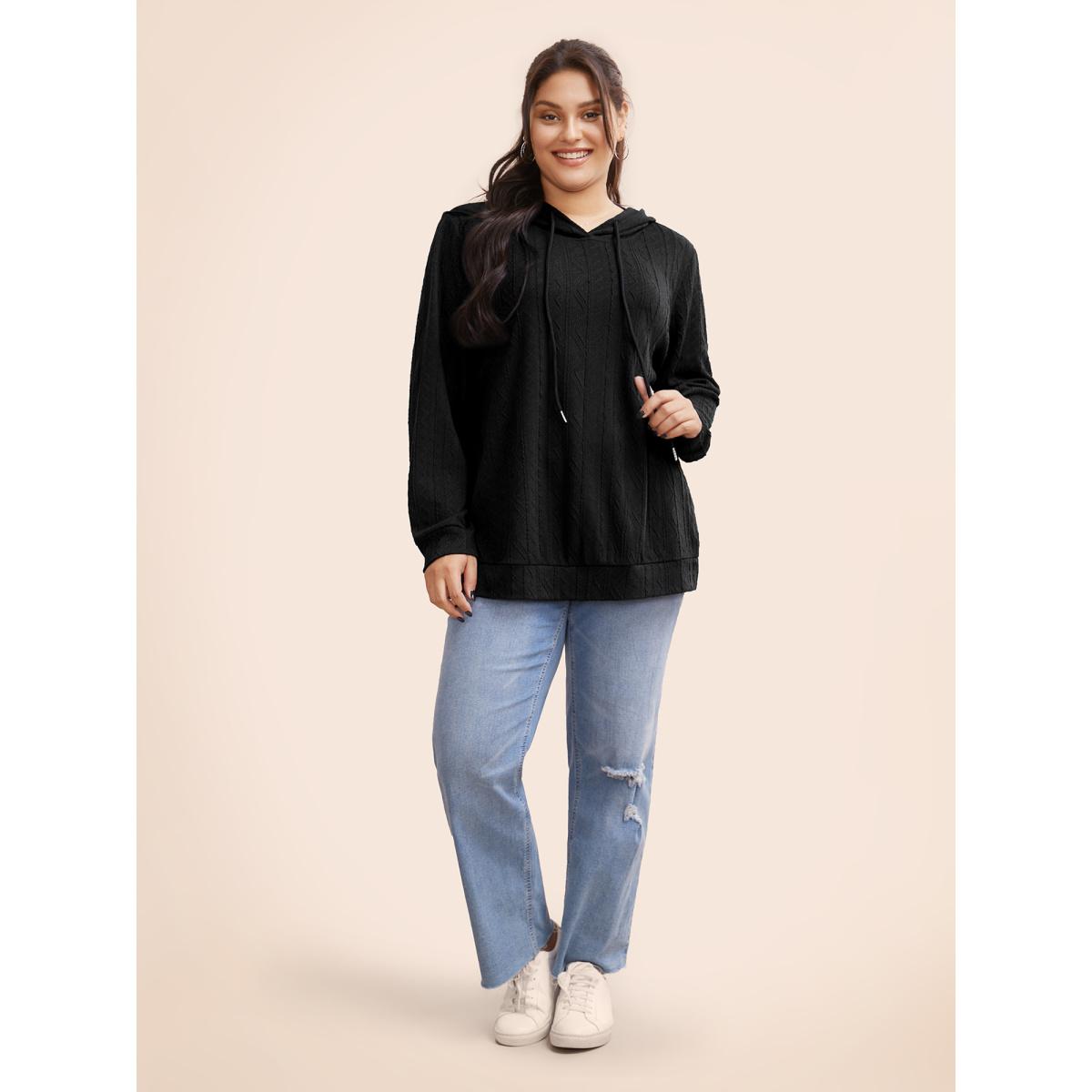 Plus Size Plain Textured Hooded Drawstring Sweatshirt Women Black Casual Elastic cuffs Hooded Everyday Sweatshirts BloomChic 12/L Product Image