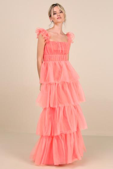 Tulle For Love Coral Pink Mesh Tulle Tiered Ruffled Maxi Dress Product Image