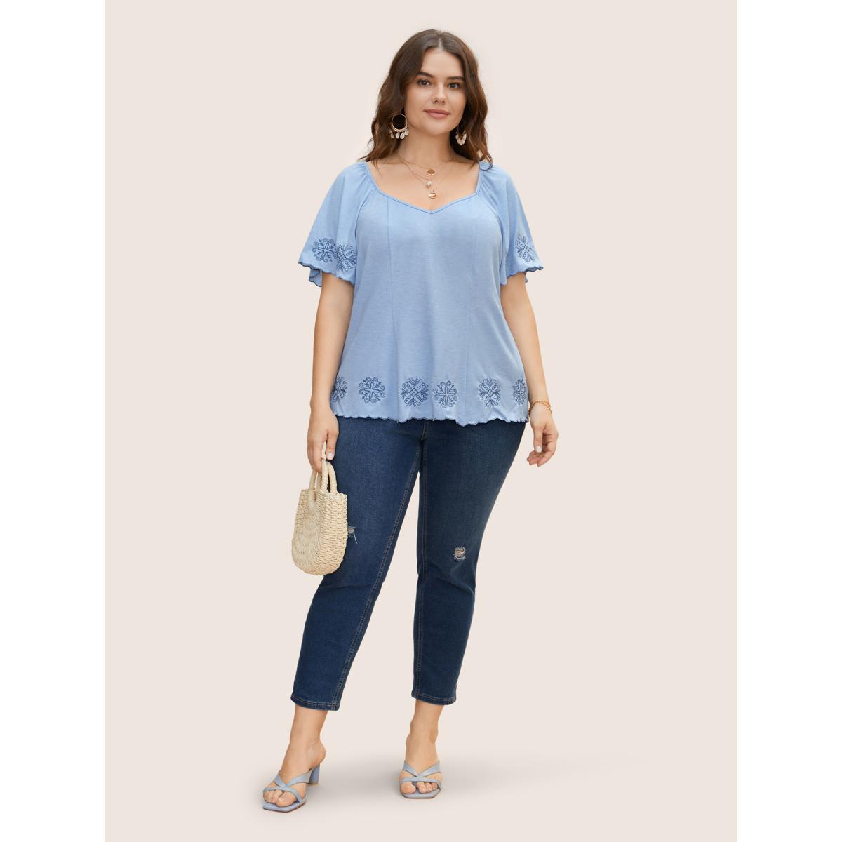 Plus Size Bandana Floral Embroidered Ruffle Sleeve T-shirt LightBlue Women Resort Embroidered Heart neckline Vacation T-shirts BloomChic 22-24/3X Product Image