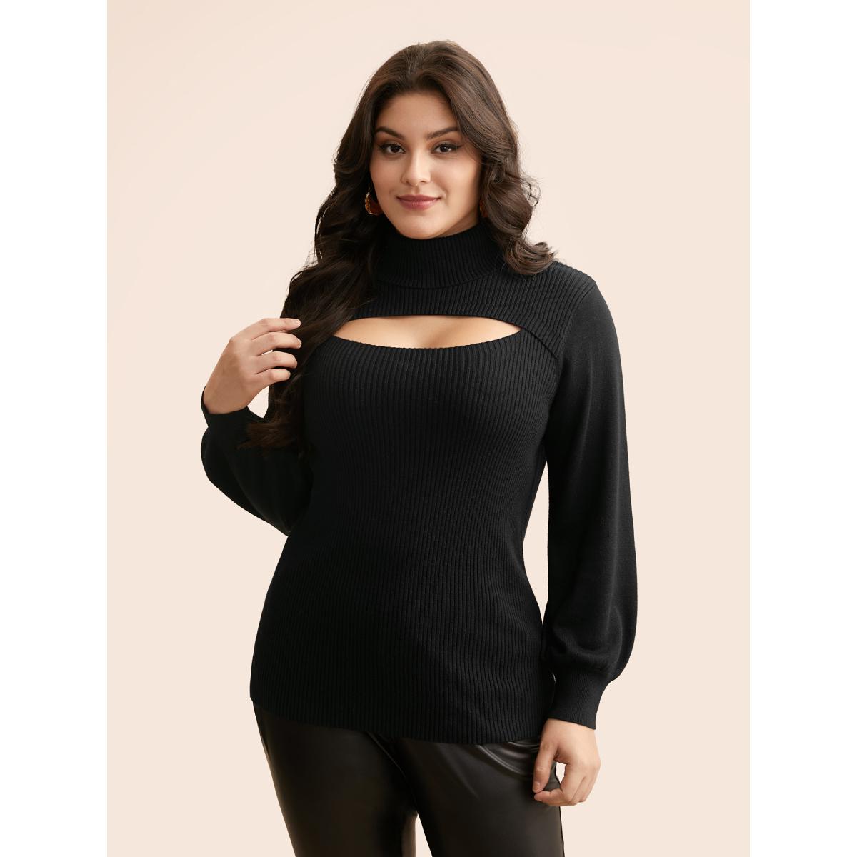 Plus Size Supersoft Essentials Turtleneck Cut Out Pullover Black Women Elegant Long Sleeve Turtleneck Everyday Pullovers BloomChic 18-20/2X Product Image