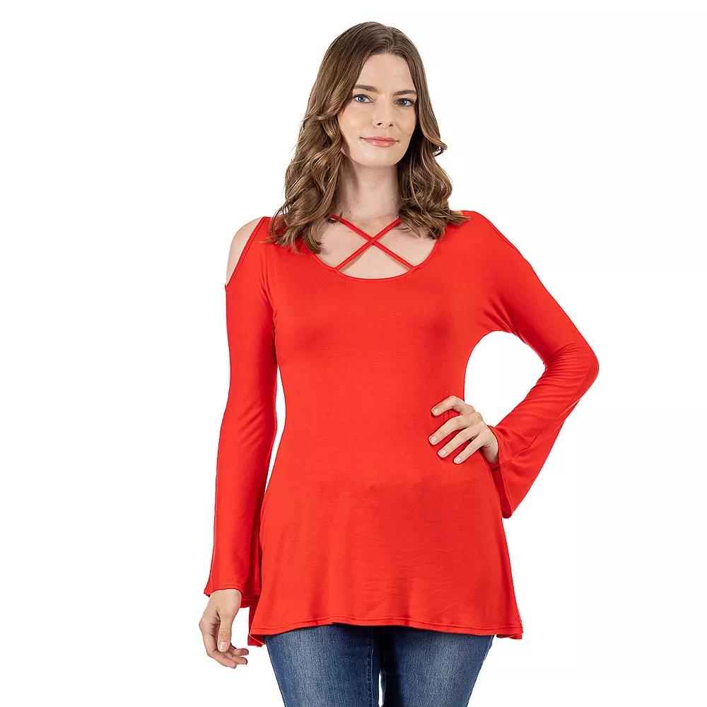 Women's 24Seven Comfort Apparel Criss Cross Cold Shoulder Long Sleeve Top,  Product Image