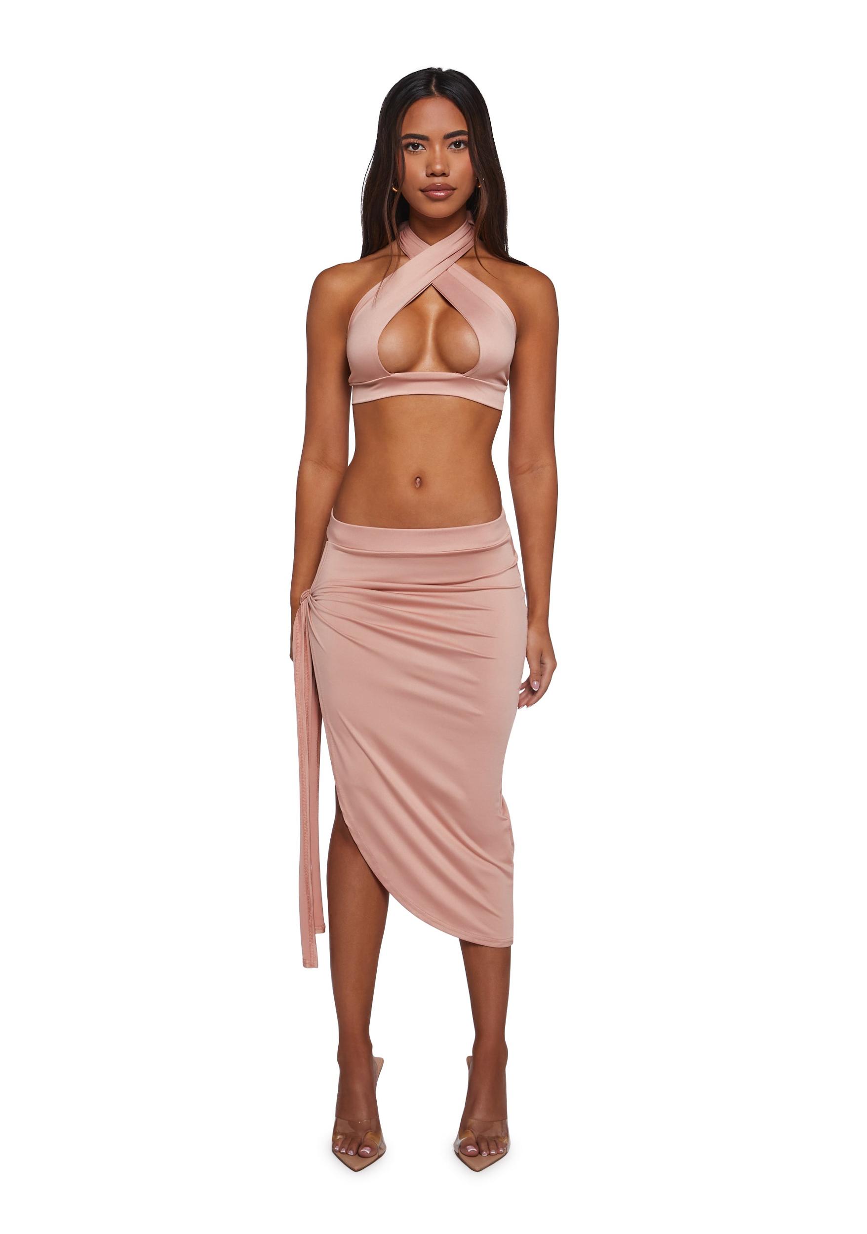 Cut Out Halter Top And Maxi Skirt Set - Pink Product Image