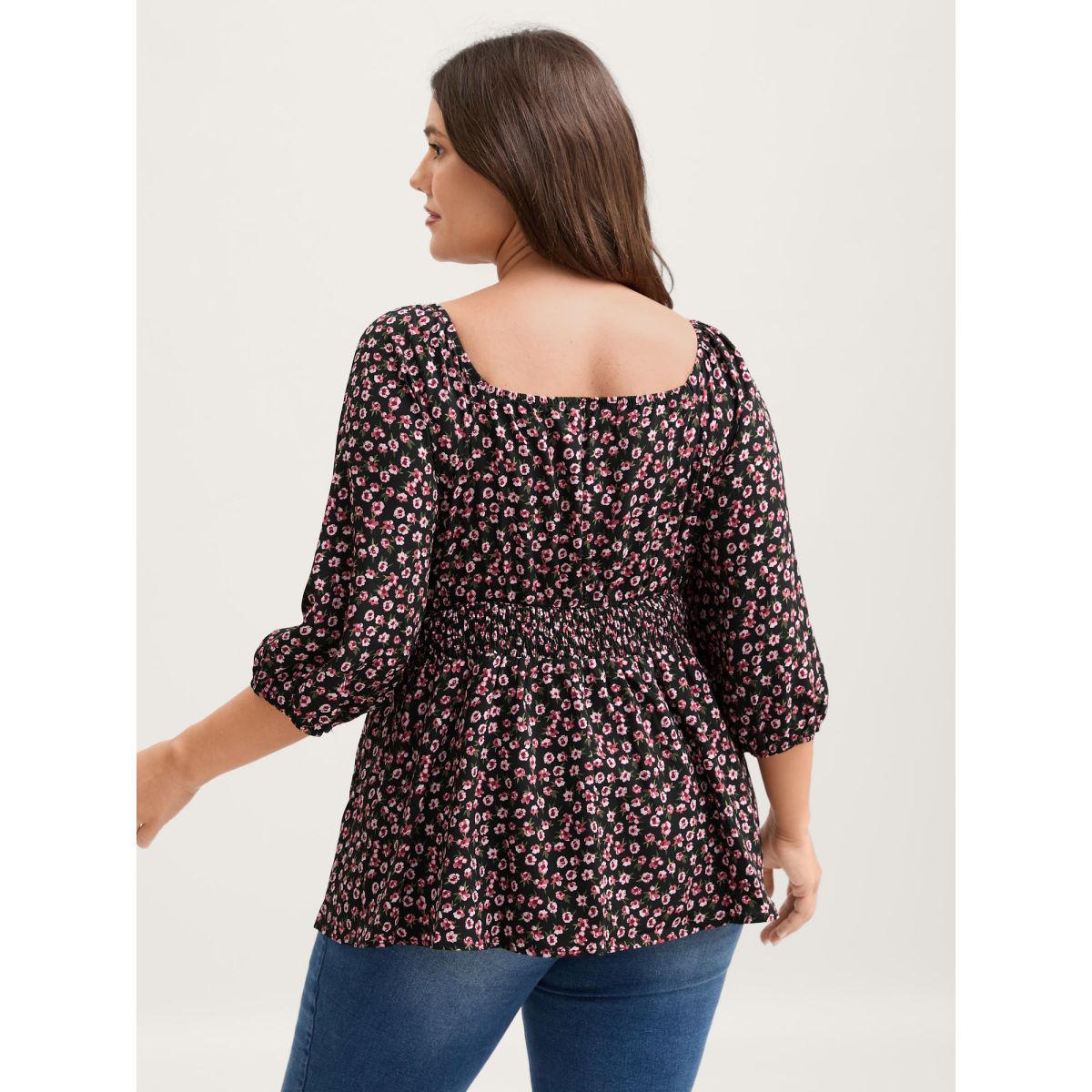 Plus Size BlackFlower Floral Adjustable Drawstring Neck Shirred Blouse Women Timeless Elbow-length sleeve Square Neck Elegant Blouses BloomChic 10/M Product Image