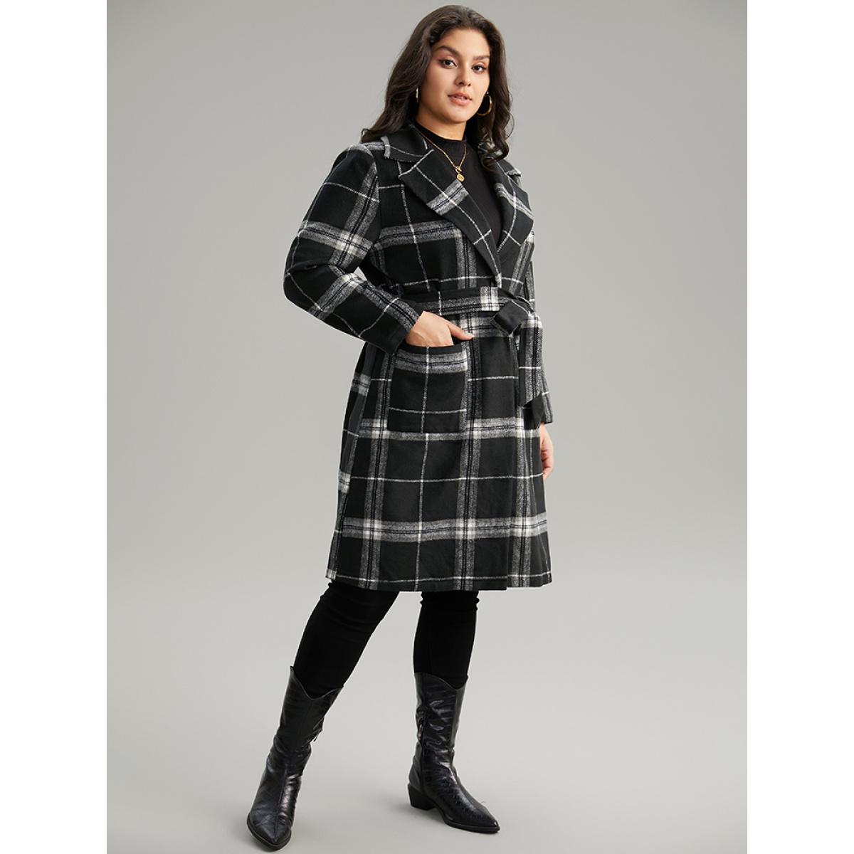 Plus Size Lapel Collar Plaid Belted Contrast Coat Women Black Casual Belted Ladies Dailywear Winter Coats BloomChic 22-24/3X Product Image