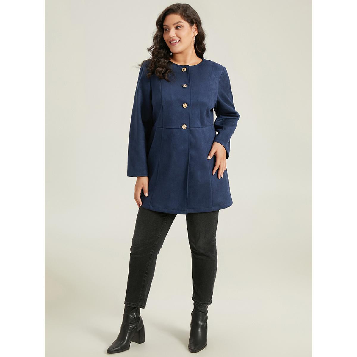 Plus Size Plain Pleated Metal Detail Jacket Women DarkBlue Casual Plain Ladies Dailywear Winter Coats BloomChic 22-24/3X Product Image