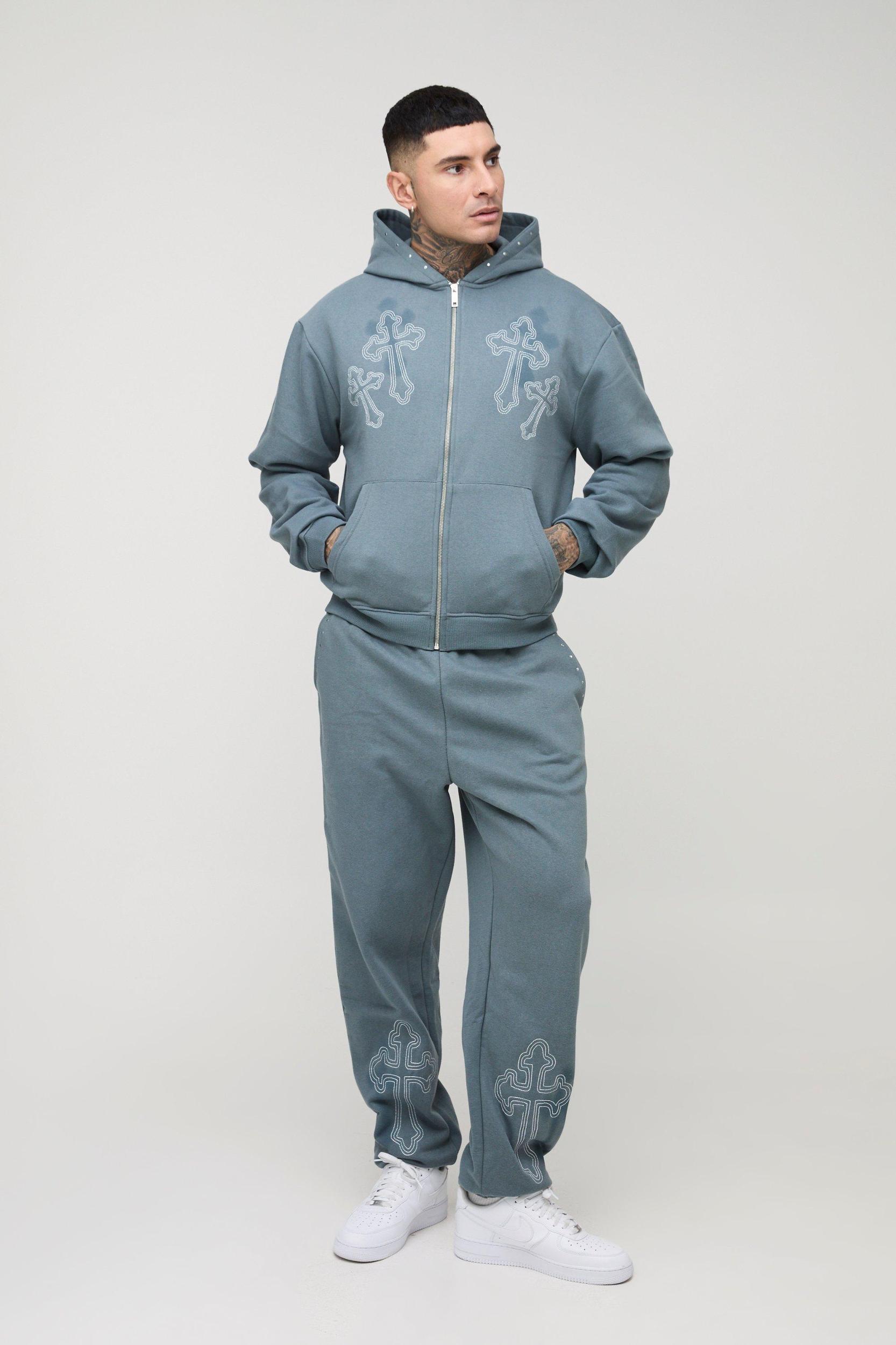 Tall Oversized Boxy Cross Embroidered Zip Through Hooded Tracksuit | boohooMAN USA Product Image