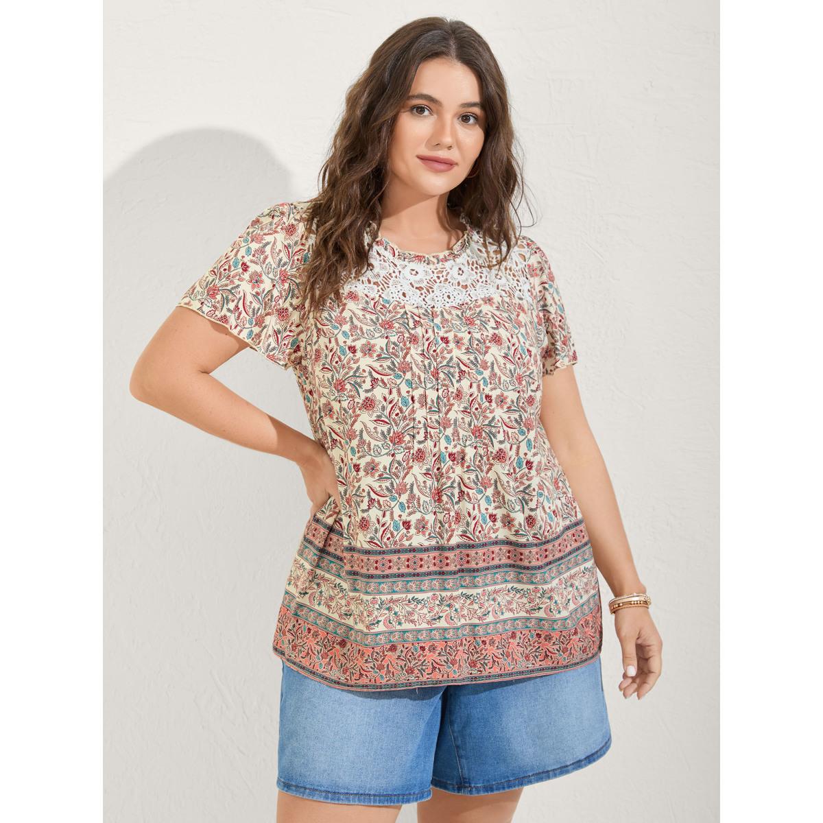 Plus Size Multicolor Sheer Lace Ruffled Neck Floral Blouse Women Boho Short sleeve Round Neck Vacation Blouses BloomChic 12/L Product Image