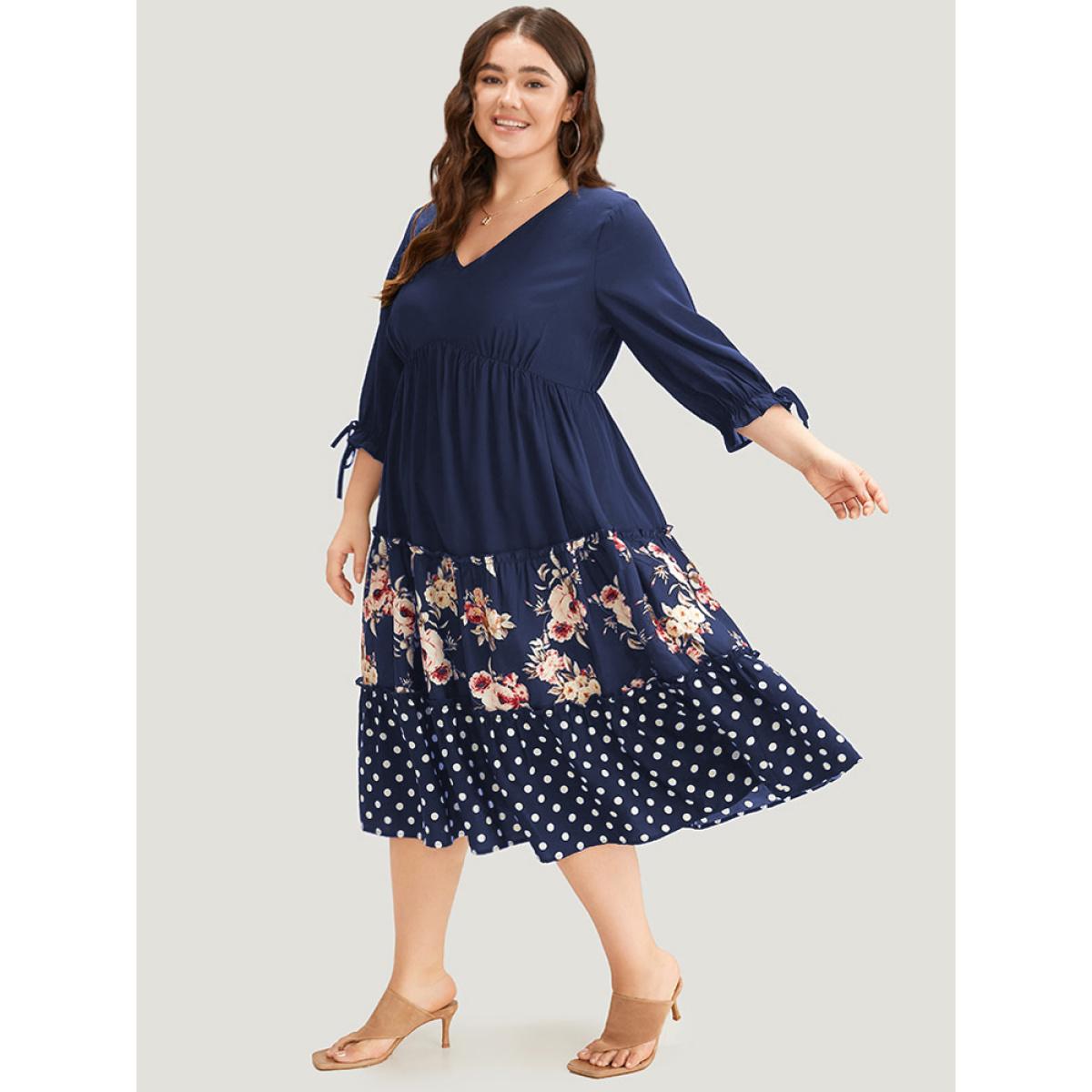 Plus Size Polka Dot Patchwork Floral Knot Pocket Lantern Sleeve Dress Indigo Women Casual Elastic cuffs V-neck Elbow-length sleeve Curvy Midi Dress BloomChic 28/5X Product Image
