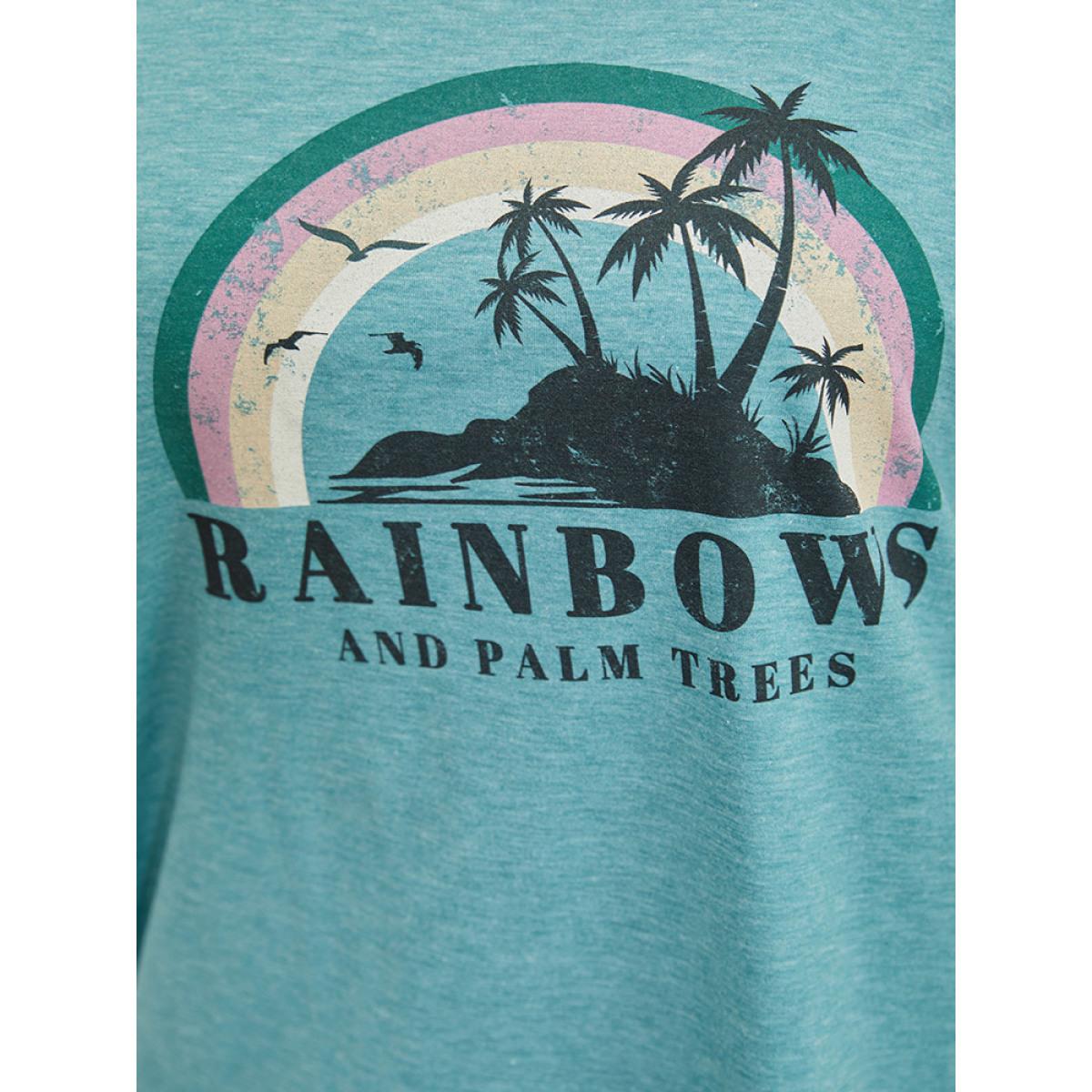 Plus Size Rainbow & Letter Print Short Sleeve T-shirt Cerulean Women Casual Tropical Dailywear T-shirts BloomChic 18-20/2X Product Image