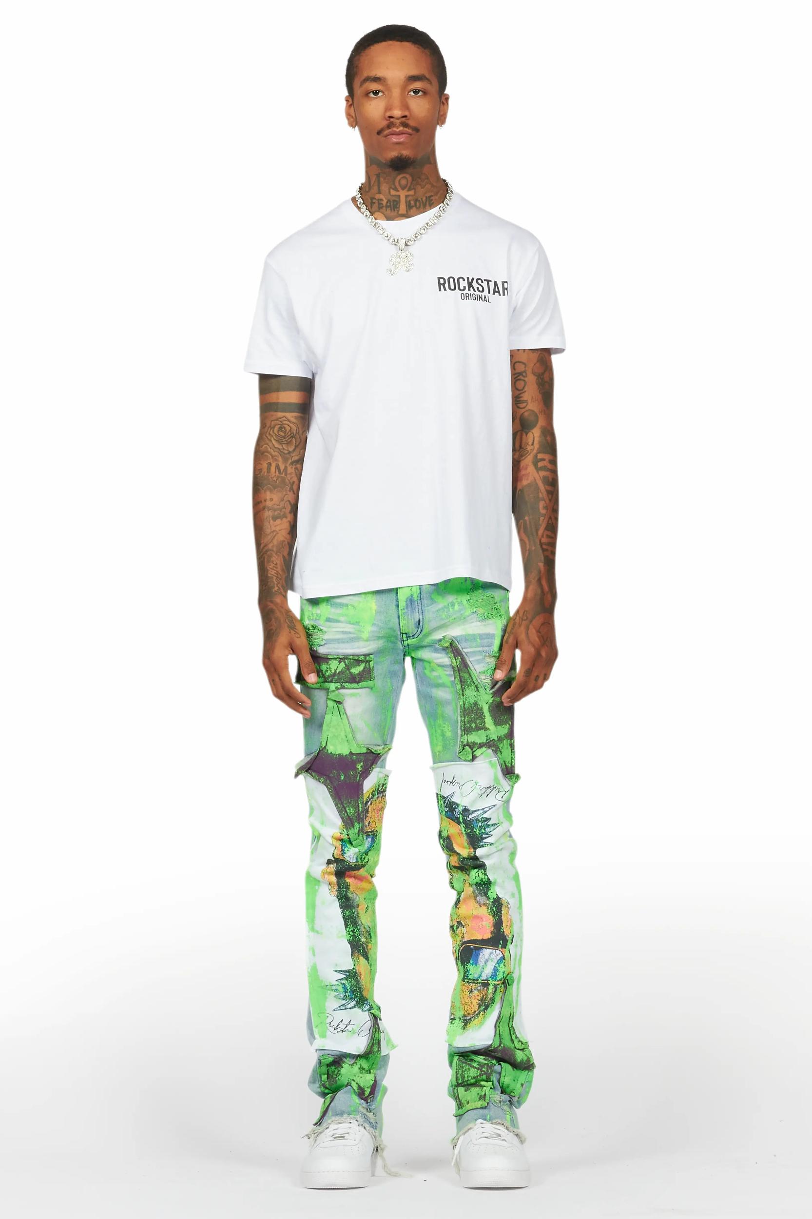 Savier Blue/Green Roller Paint Stacked Flare Jean Male Product Image
