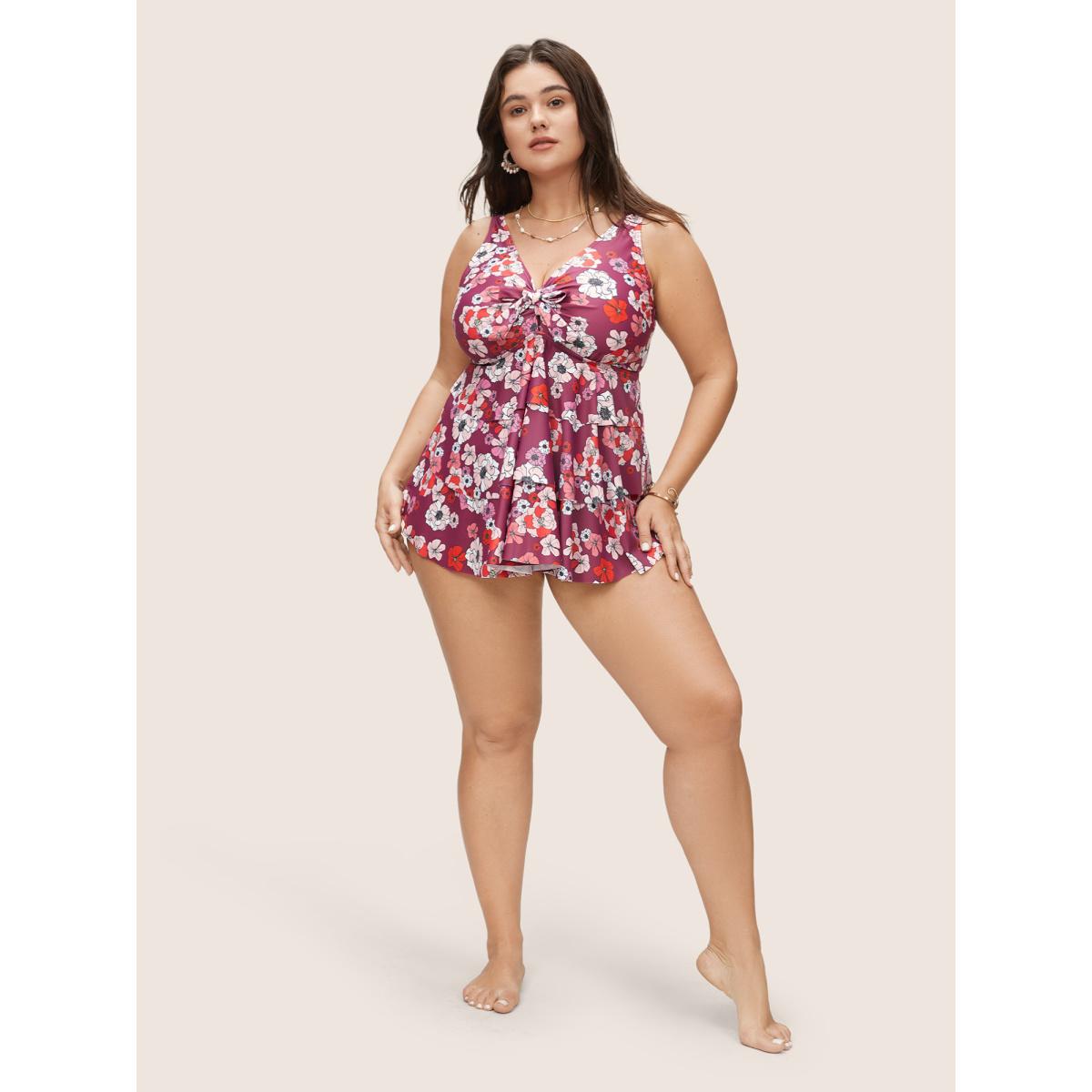 Plus Size Ditsy Floral Bowknot Flutter Layered Hem Swim Top Women's Swimwear RedViolet Beach Non High stretch Bodycon V-neck Curve Swim Tops BloomChic 14-16/1X Product Image