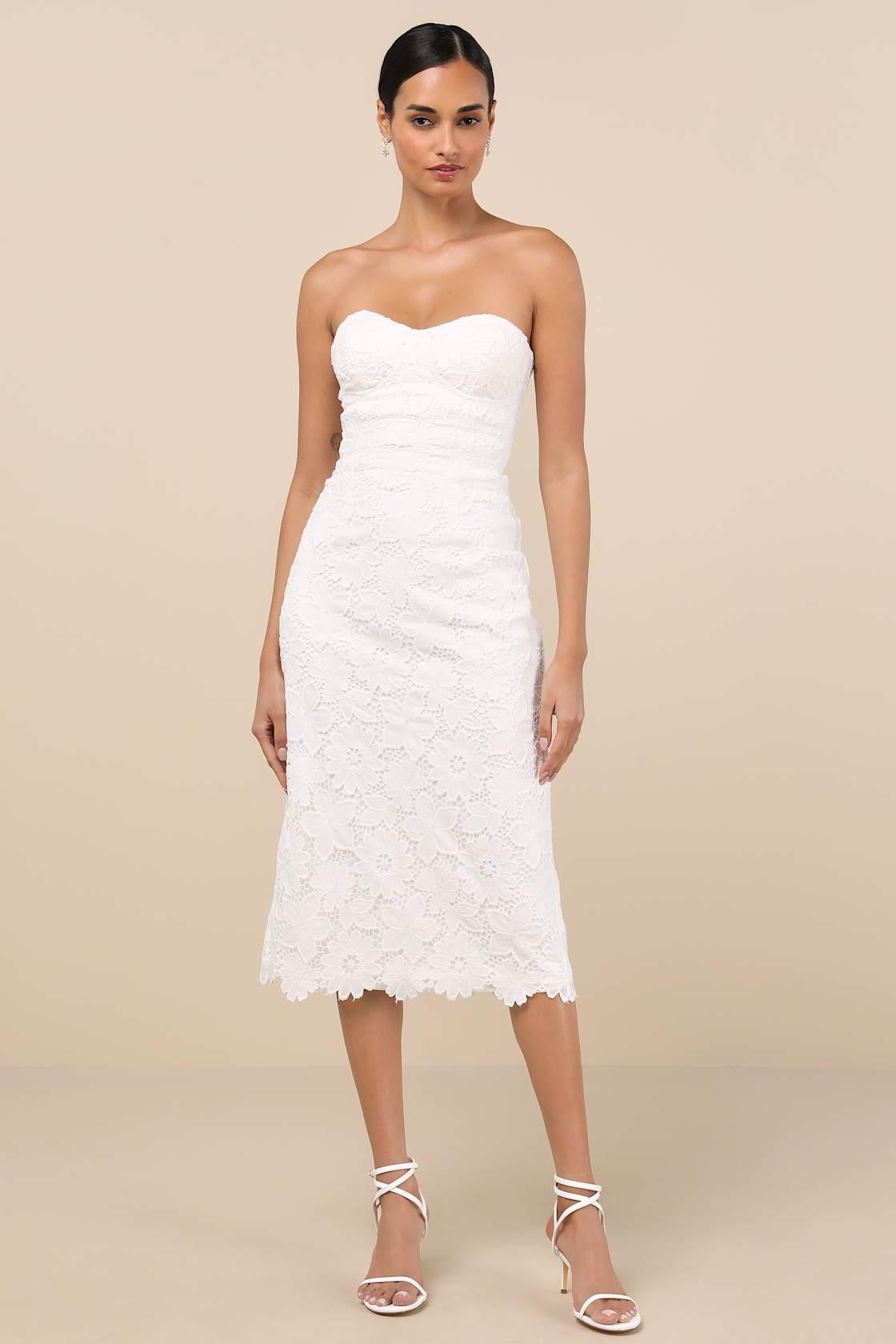 Aramis White Embroidered Lace Strapless Bustier Midi Dress Product Image