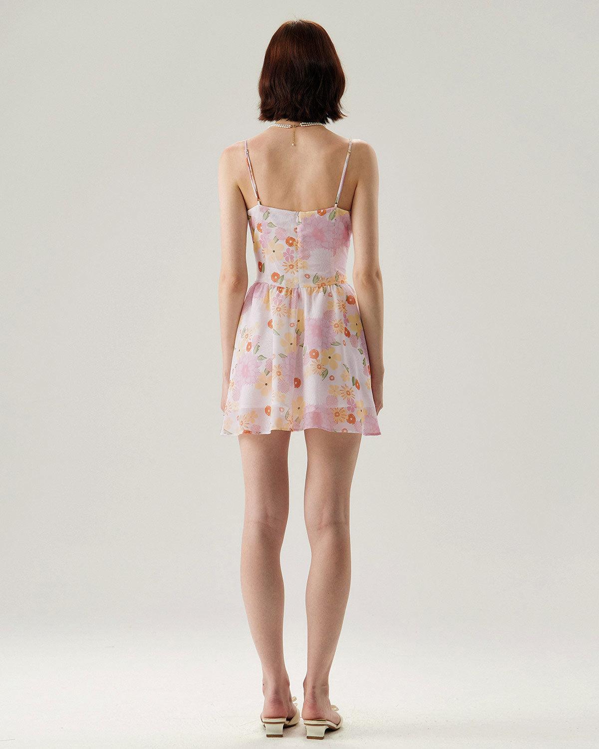 Pink Floral Sweetheart Neck Slip Mini Dress Product Image