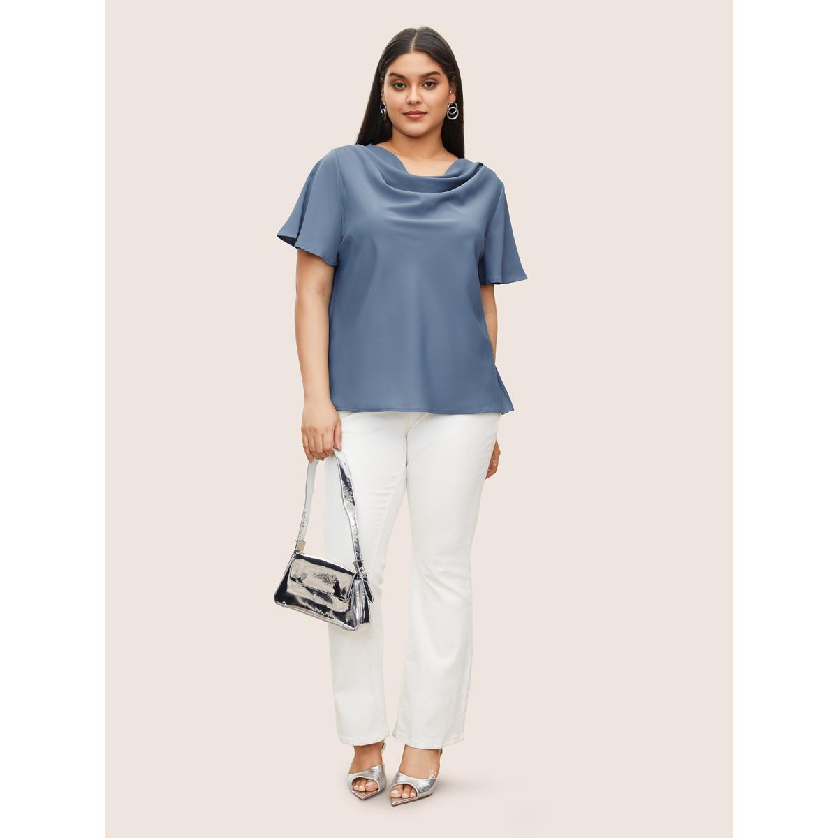 Plus Size Stone Plain Cowl Neck Ruffle Sleeve Blouse Women Work From Home Short sleeve Cowl Neck Work Blouses BloomChic 18-20/2X Product Image