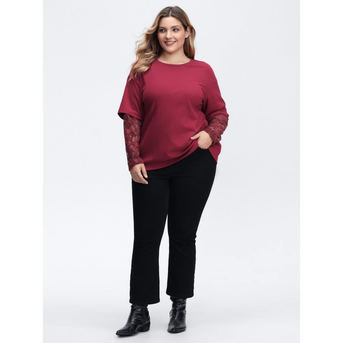 Plus Size 2-In-1 Layered Sheer Lace Sleeve T-Shirt Scarlet Women Leisure Round Neck Casual T-shirts BloomChic 30/6X Product Image