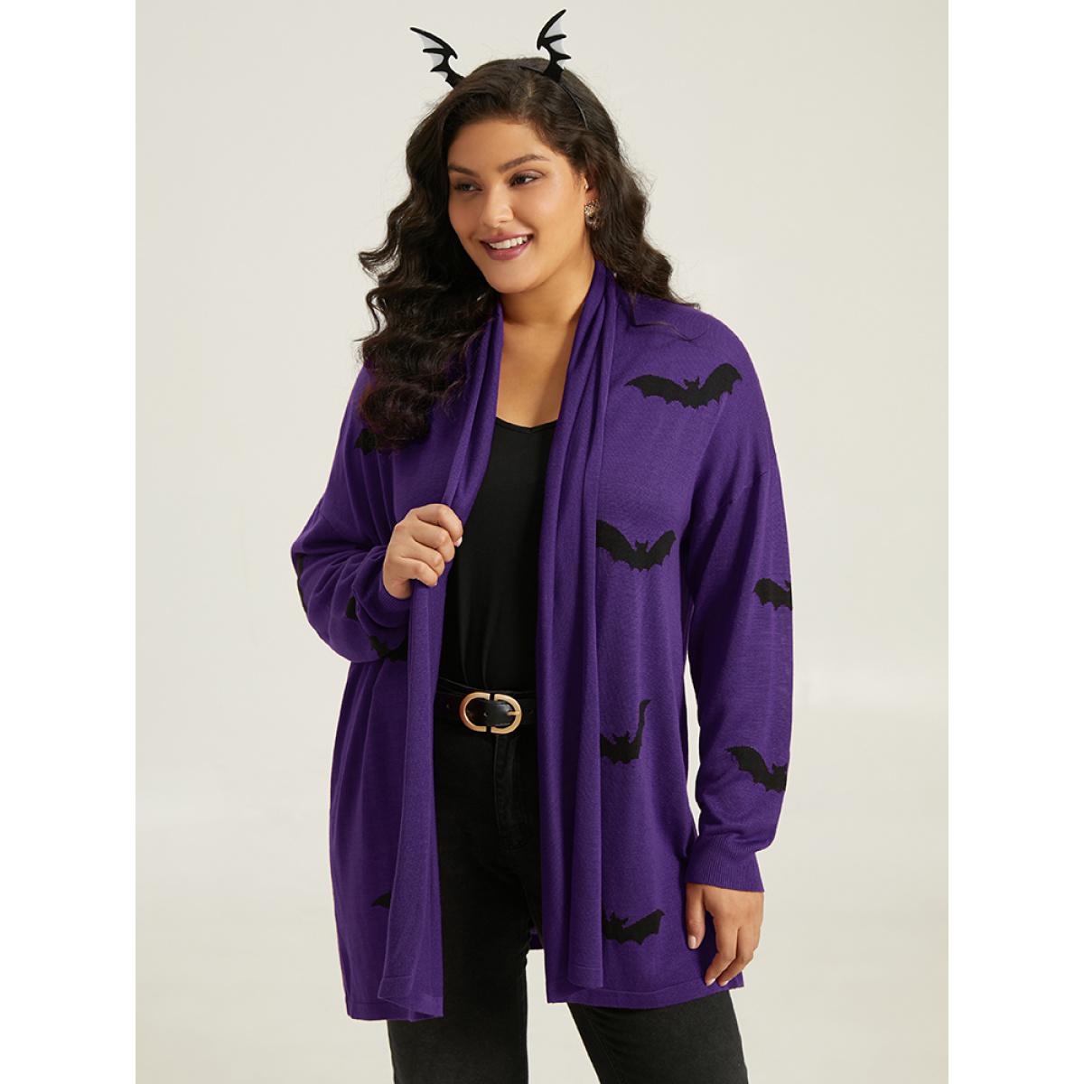 Plus Size Supersoft Essentials Halloween Bat Pattern Lapel Collar Cardigan Blackcurrant Women Playful Loose Long Sleeve Casual Cardigans BloomChic 18-20/2X Product Image