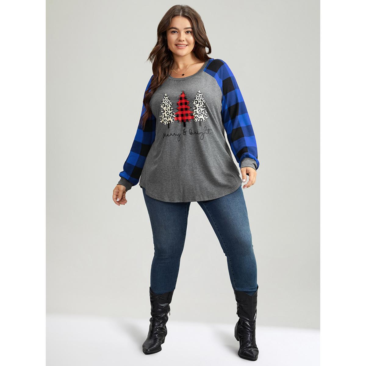 Plus Size Plaid Christmas Trees Round Neck T-shirt Blue Women Casual Contrast Christmas Festival-Christmas T-shirts BloomChic 28/5X Product Image