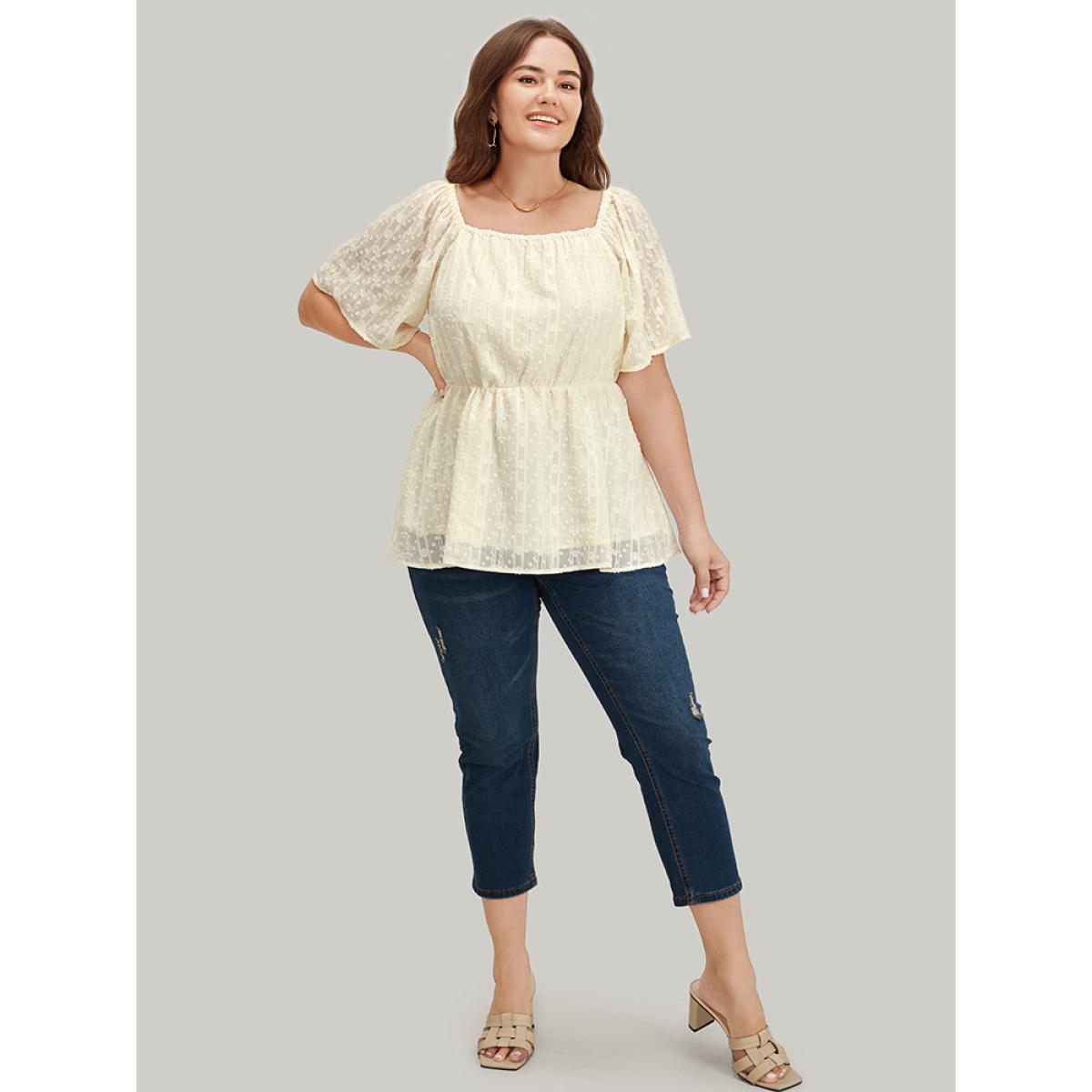 Plus Size Ivory Plisse Mesh Square Neck Elastic Waist Blouse Women Elegant Short sleeve Square Neck Dailywear Blouses BloomChic 28/5X Product Image