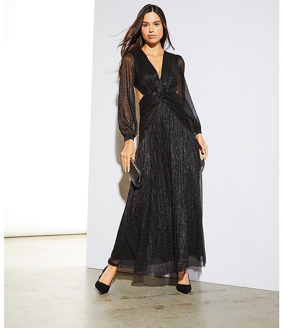 Gianni Bini Hazel Metallic Chiffon V-Neck Long Sleeve Cut Out Dress Product Image