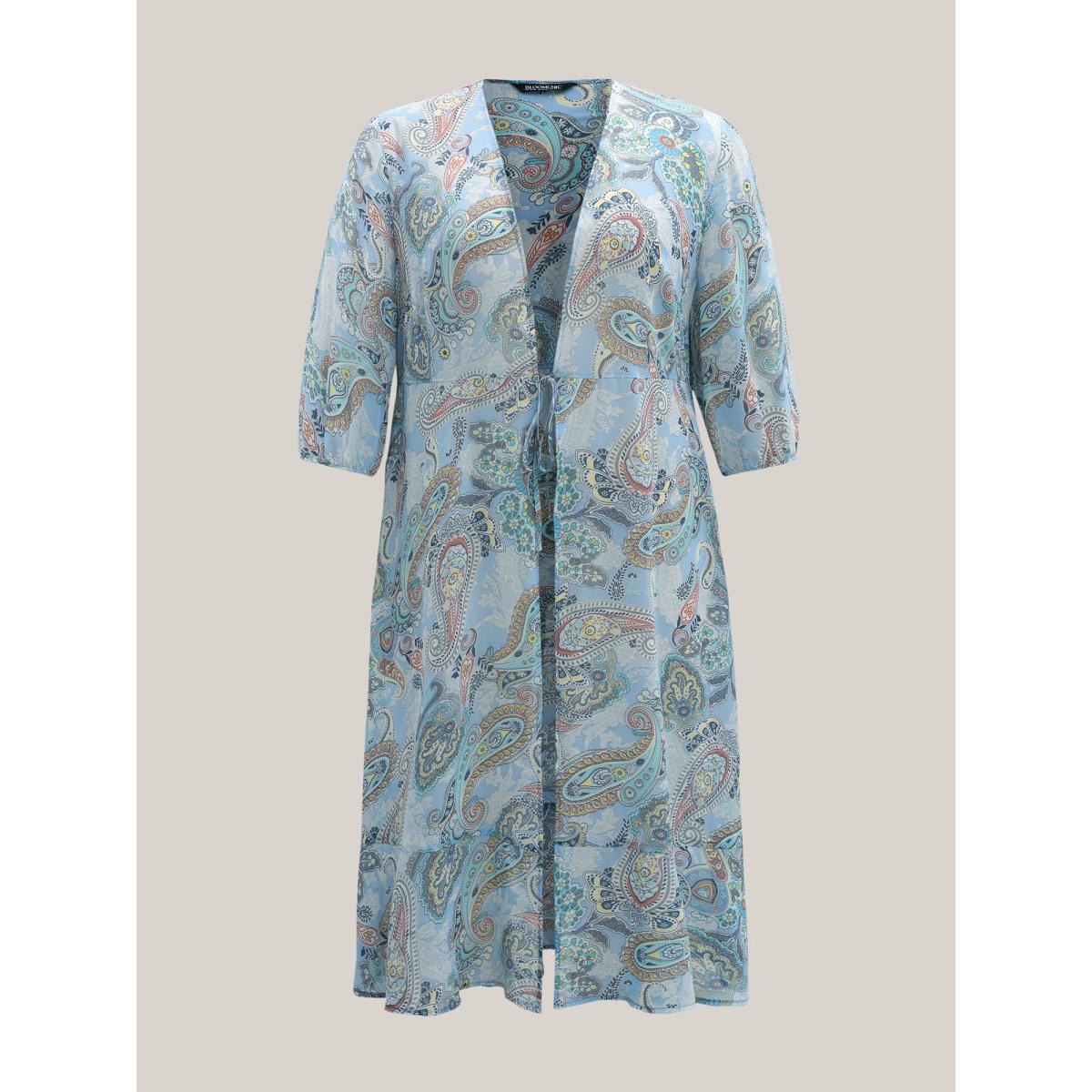Plus Size Paisley Print Sheer Tied Kimono Cardigan Women LightBlue Boho Tie knot Vacation Kimonos BloomChic 28/5X Product Image