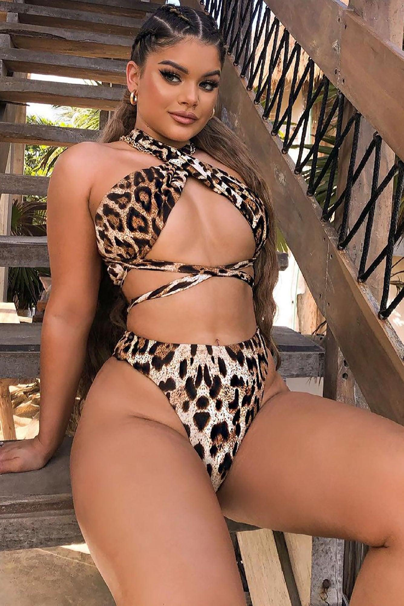 Pool Side Bae Wrapped Two Piece Swimsuit  - Brown/combo Product Image