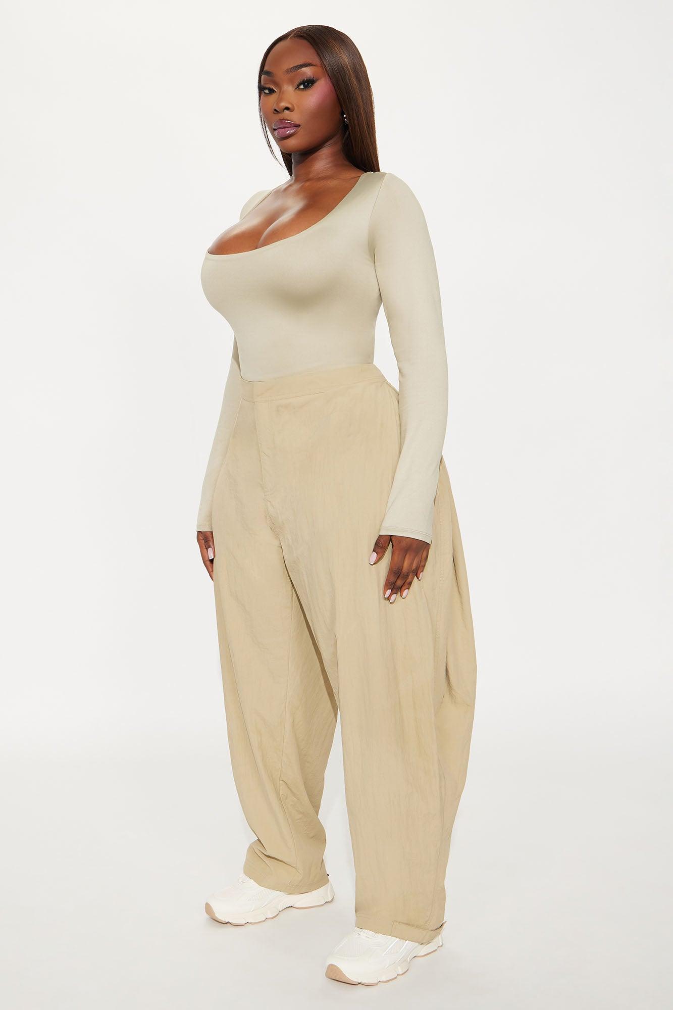 Contour Double Lined Long Sleeve Wide Scoop Neck Bodysuit - Stone Female Product Image