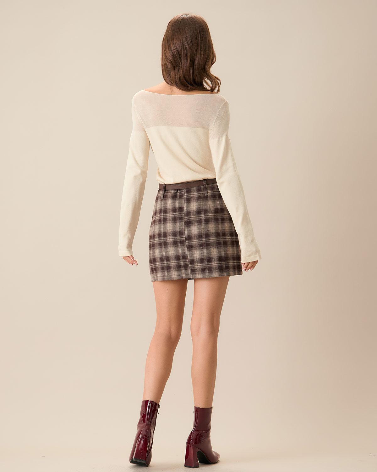 Brown Plaid Straight Mini Skirt Product Image