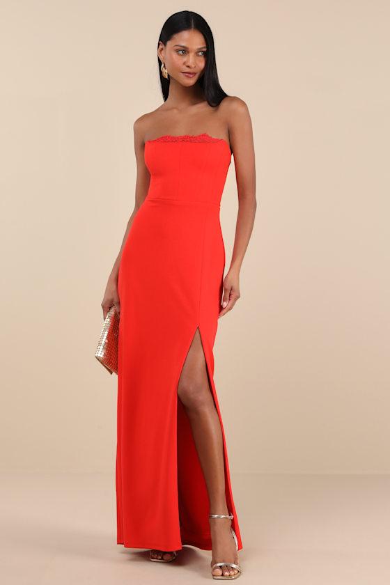 Memorably Iconic Red Strapless Lace Bustier Maxi Dress Product Image