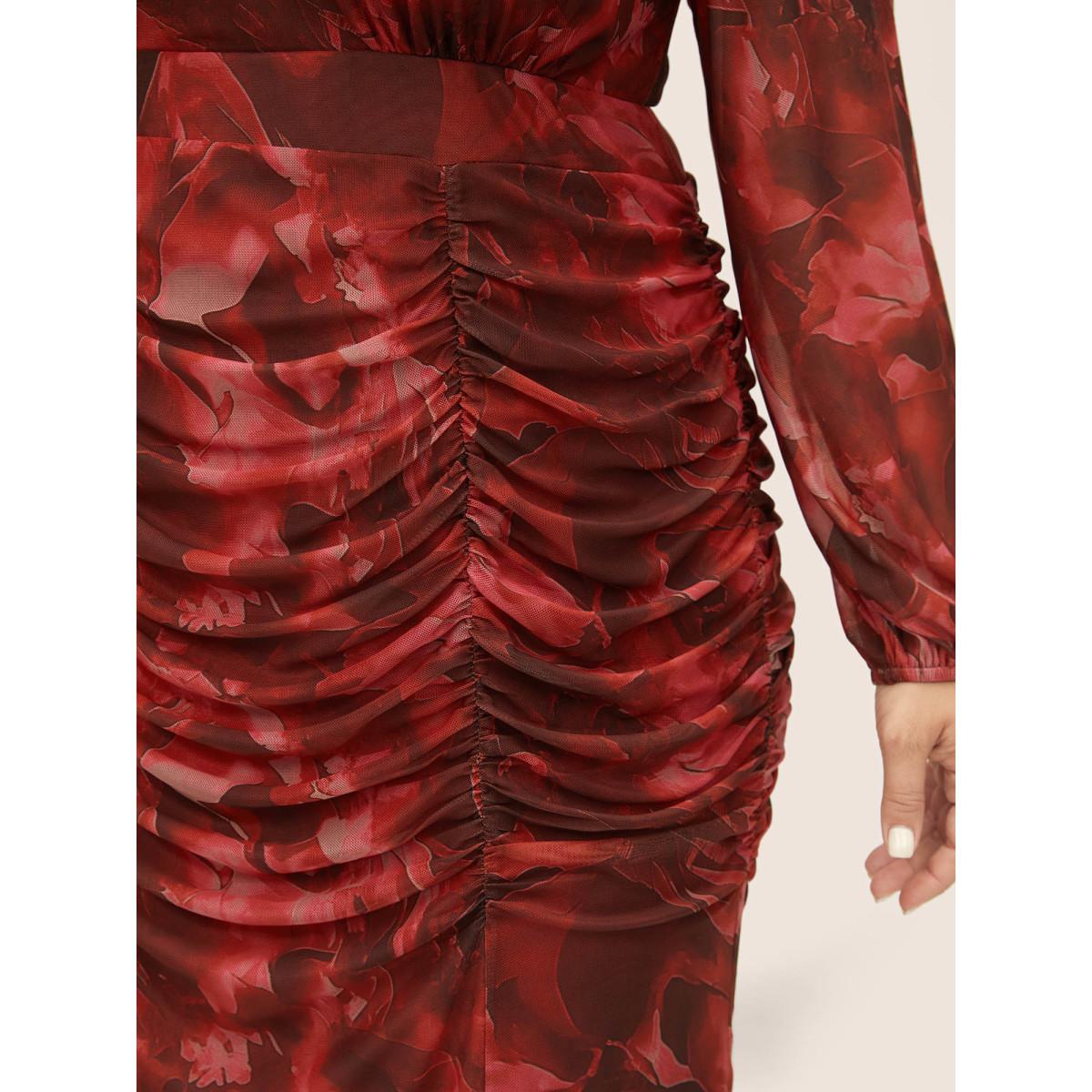 Plus Size Floral Print Pocket Ruched Hem Dress Raspberry Women Elegant Gathered V-neck Long Sleeve Curvy Midi Dress BloomChic 22-24/3X Product Image