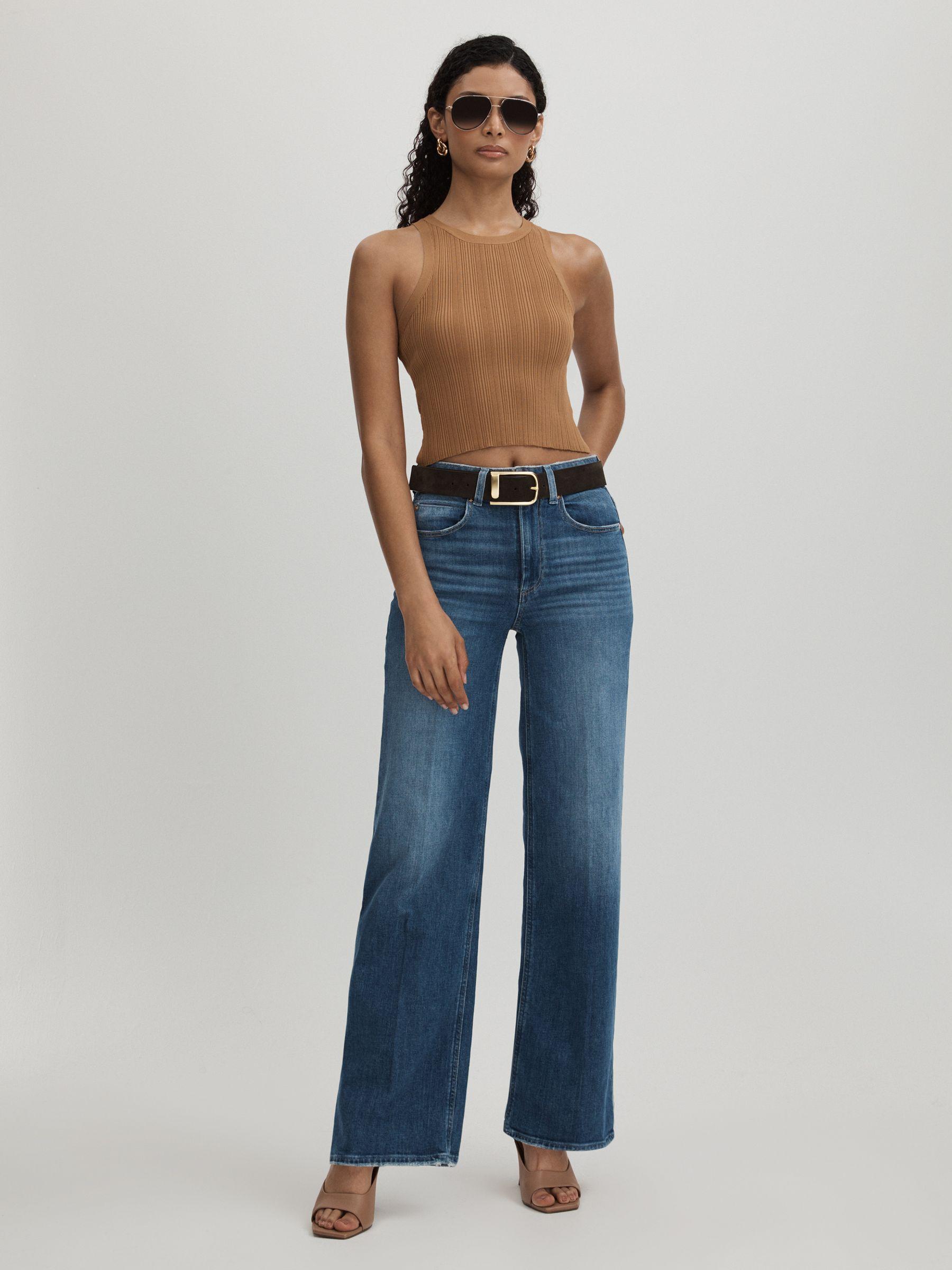 Paige Wide Leg Distressed Jeans in Stefania Blue Product Image