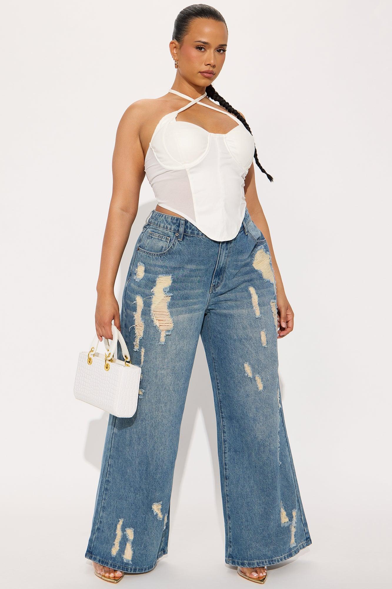 Kirbie Non Stretch Ripped Wide Leg Jean - Medium Wash Product Image