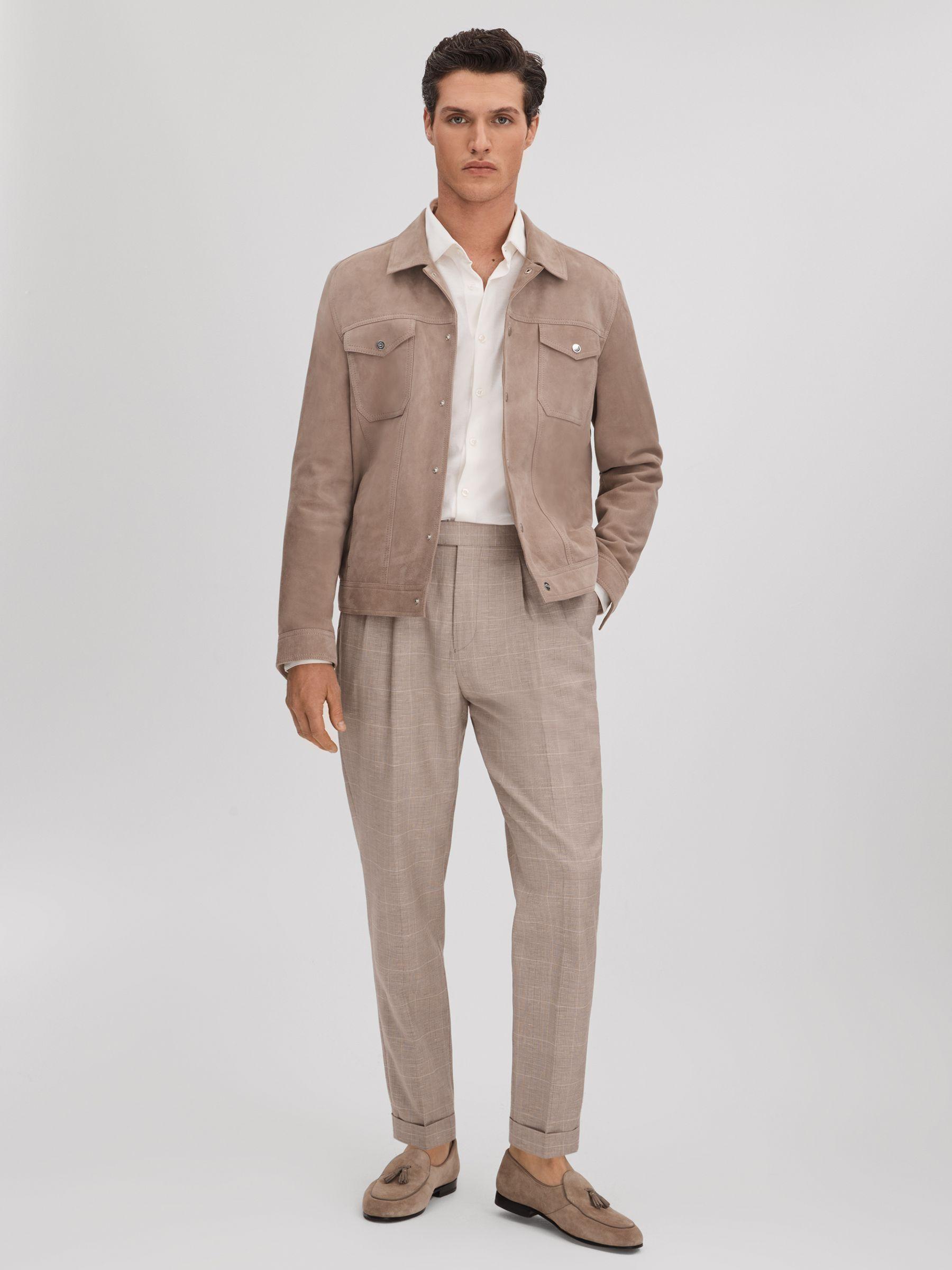 Slim Fit Check Adjuster Trousers with Turn-Ups in Oatmeal Product Image