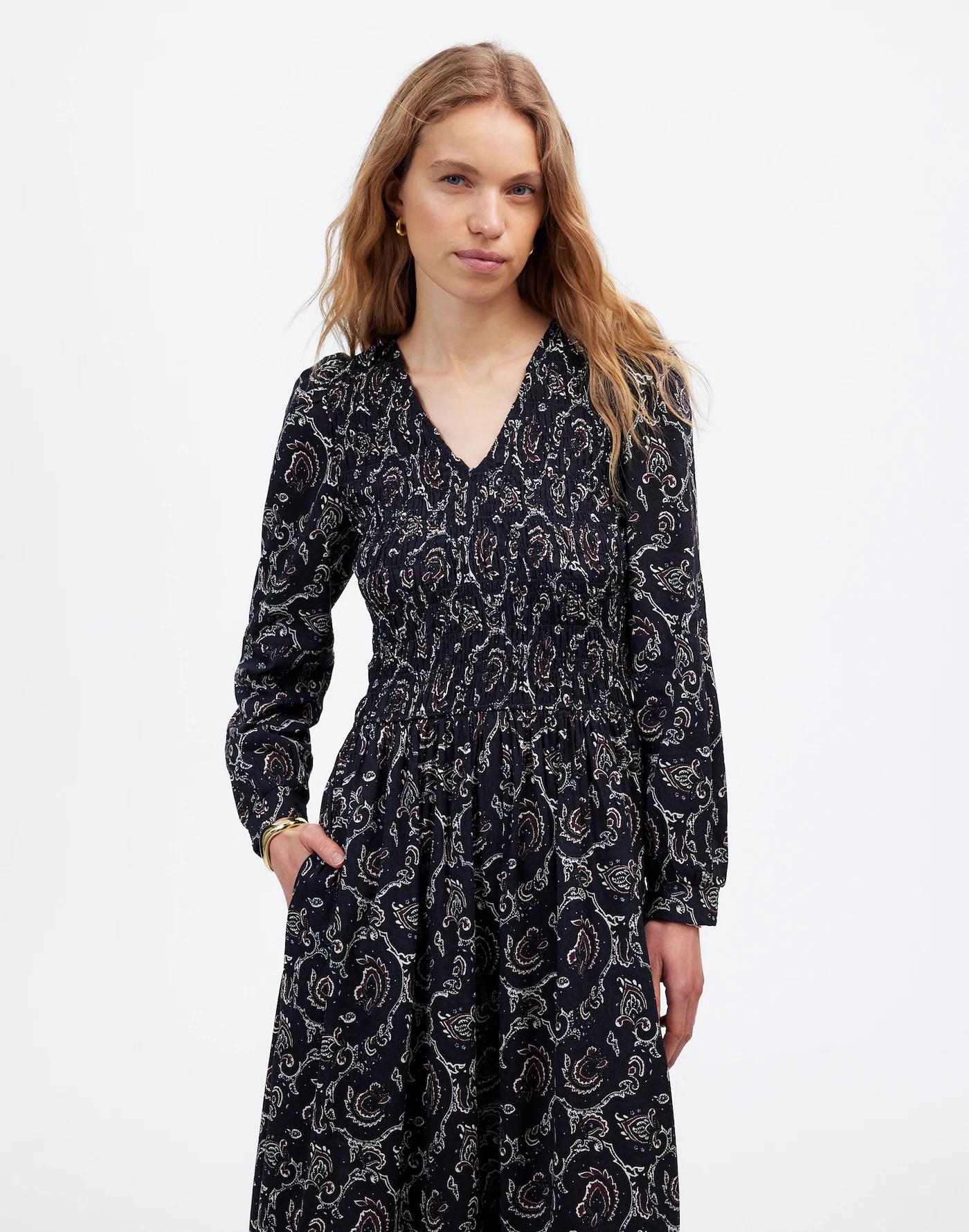Smocked V-Neck Midi Dress in Paisley Product Image