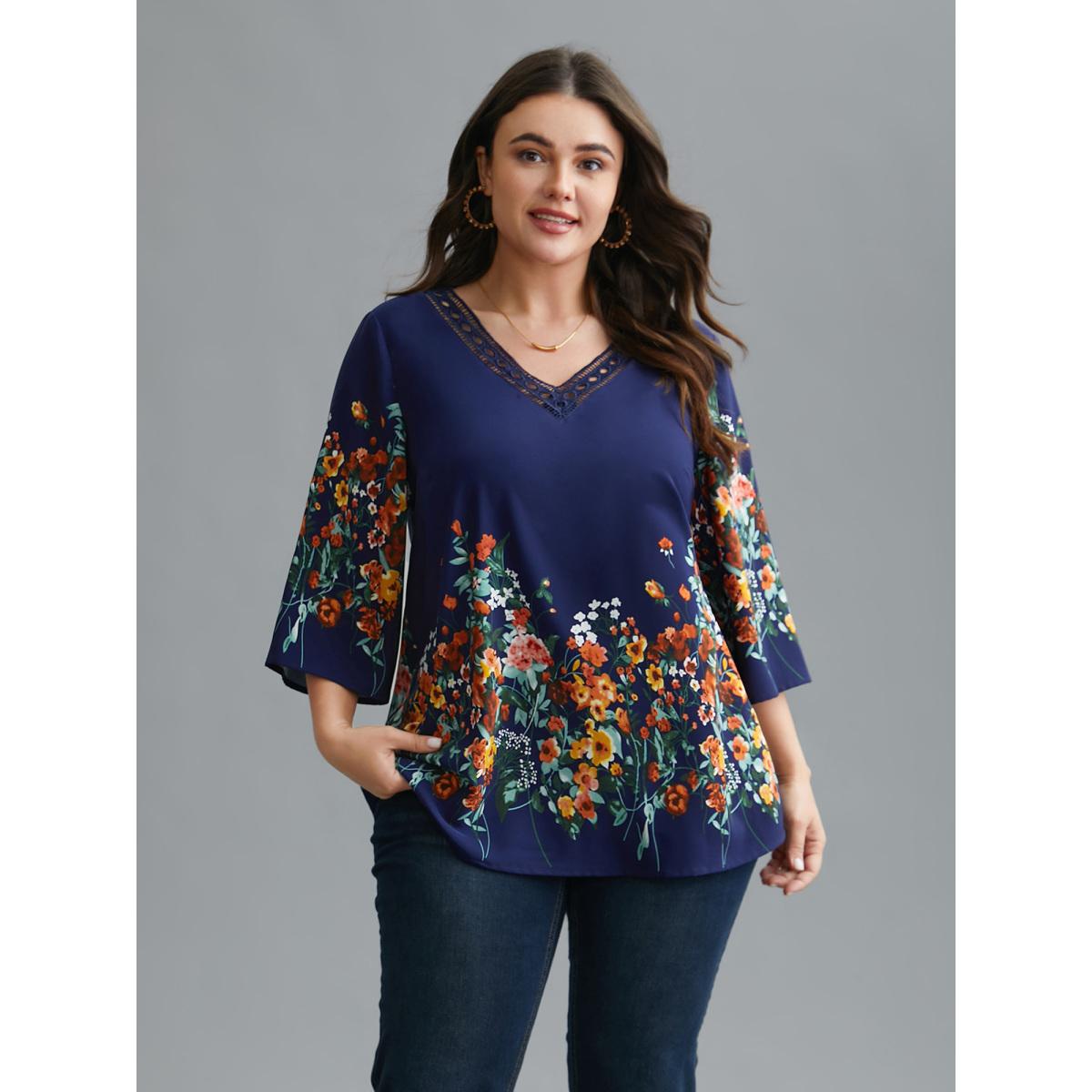 Plus Size Indigo Floral V Neck Cut-Out Lace Blouse Women Elegant Elbow-length sleeve V-neck Everyday Blouses BloomChic 22-24/3X Product Image