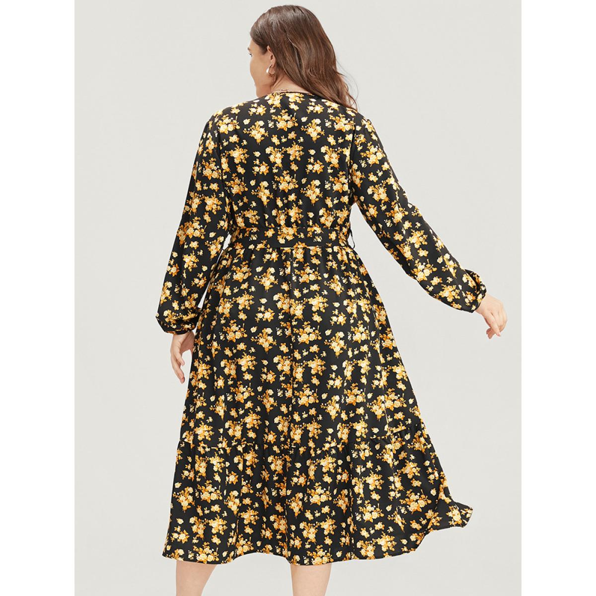 Plus Size Floral Printed Pocket Lantern Sleeve Belted Wrap Midi Dress Black Women Elegant V-neck Long Sleeve Curvy Midi Dress BloomChic 30/6X Product Image