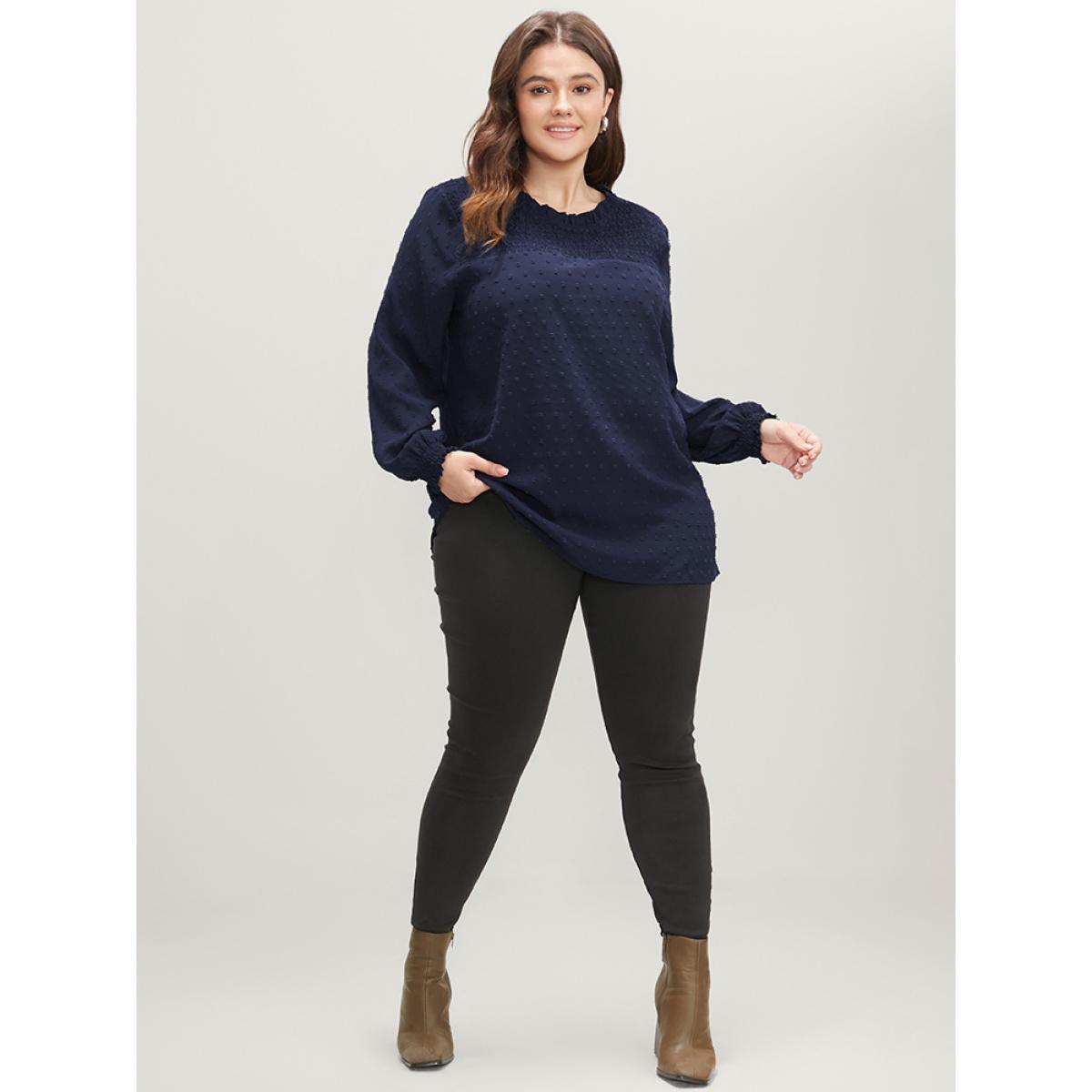 Plus Size Navy Polka Dot Frill Trim Shirred Keyhole Blouse Women Elegant Long Sleeve Round Neck Dailywear Blouses BloomChic 28/5X Product Image