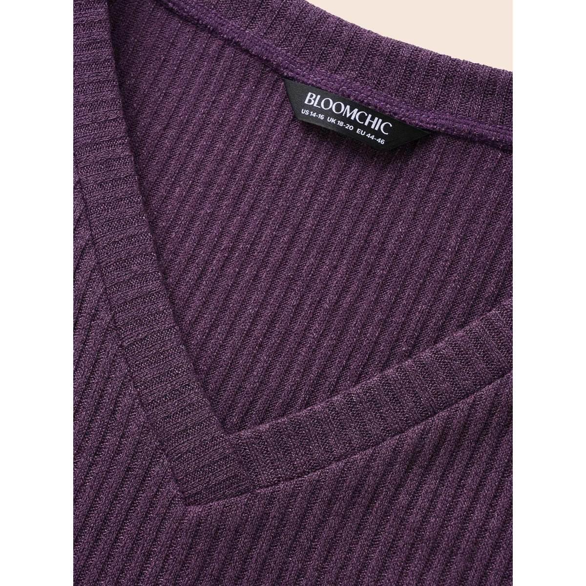 Plus Size Solid Rib Knit Lantern Sleeve Shirred T-shirt Mauve Women Casual Texture V-neck Everyday T-shirts BloomChic 18-20/2X Product Image