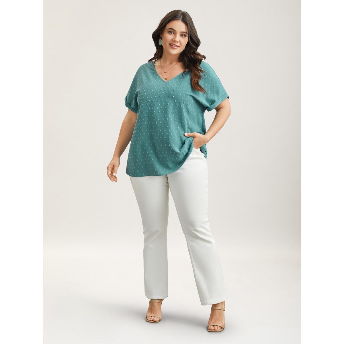Plus Size Teal Back-Button Textured V-Neck Shirt Women Timeless Short sleeve V-neck Elegant Blouses BloomChic 28/5X Product Image