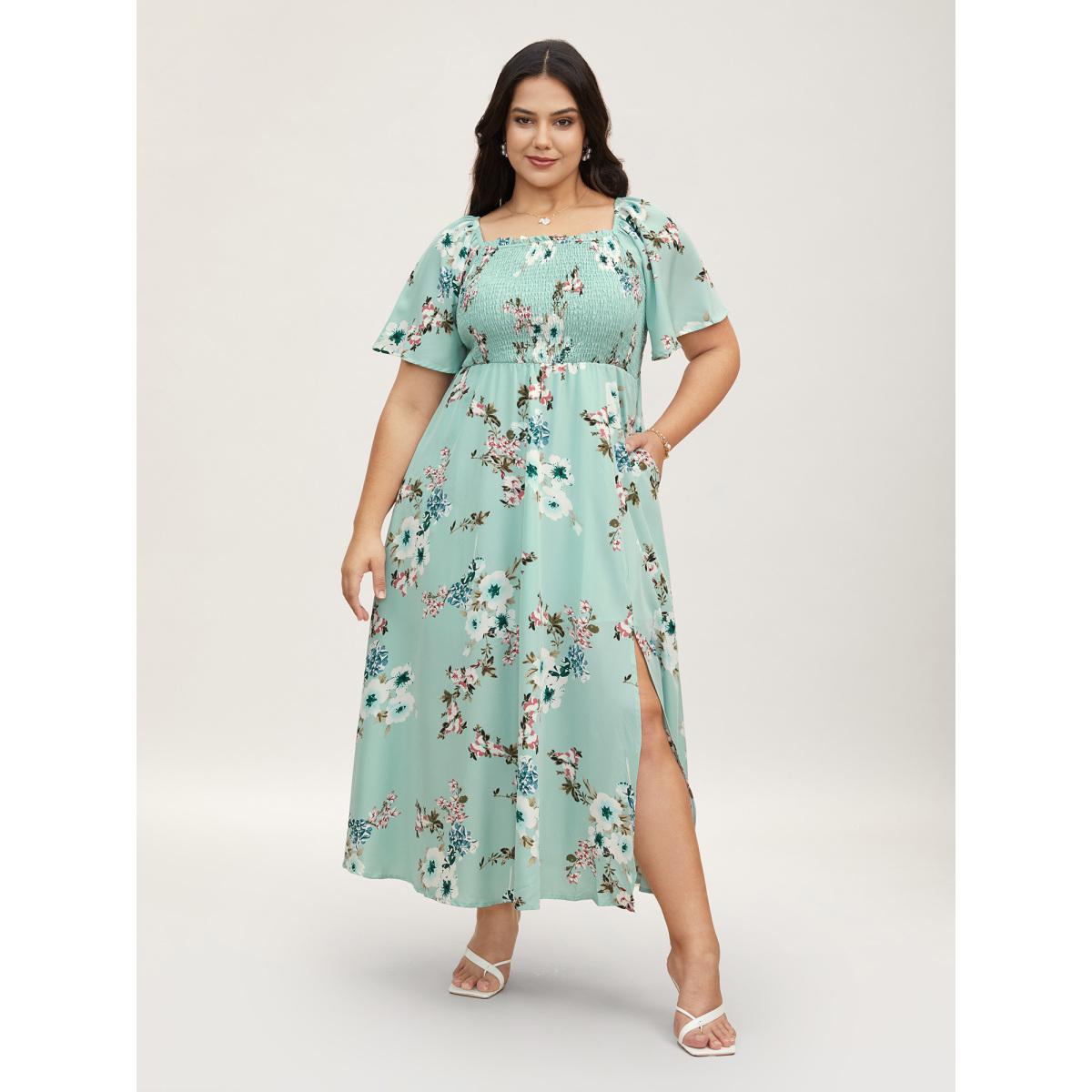 Plus Size Floral Square Neck Ruffles Pocket Shirred Split Dress Turquoise Women Romantic Non Square Neck Short sleeve Curvy BloomChic 14-16/1X Product Image