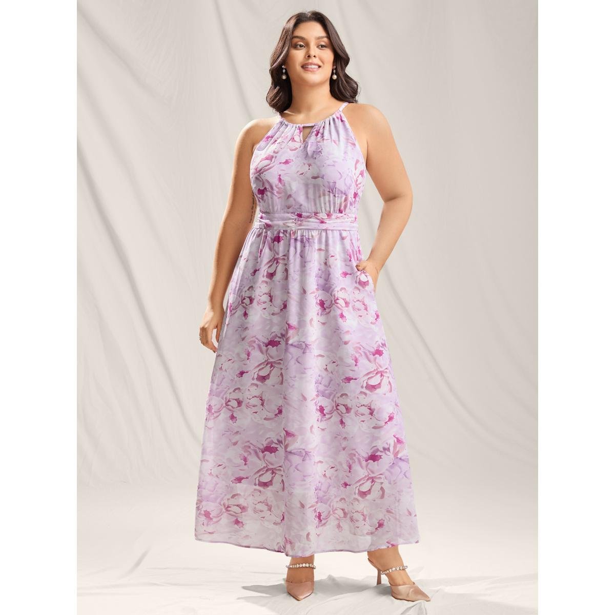 Plus Size Floral Print Halter Neck Stretchy Midi Dress Lavender Women Romantic Halter neck Sleeveless Curvy BloomChic 14-16/1X Product Image