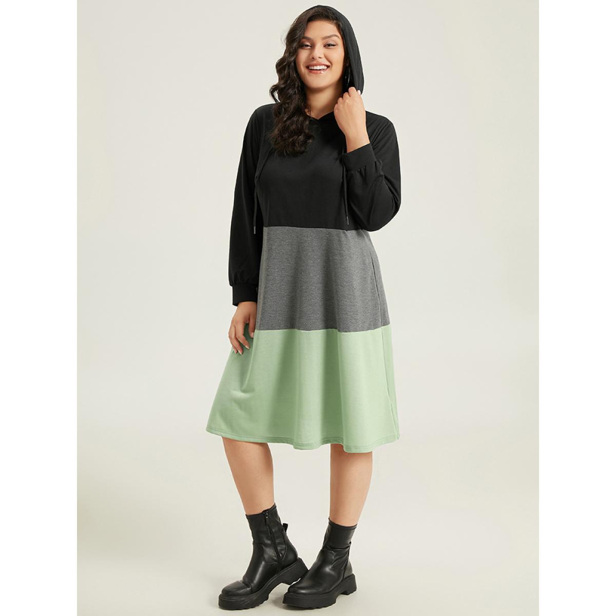 Plus Size Colorblock Contrast Hooded Drawstring Dress Black Women Casual Contrast Hooded Long Sleeve Curvy Midi Dress BloomChic 10/M Product Image