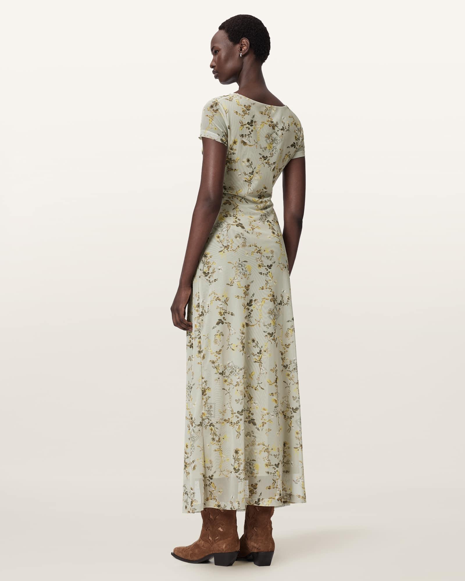 Gabby Floral Print Mesh Maxi Dress CARMEL STEM GREEN | ALLSAINTS US Product Image