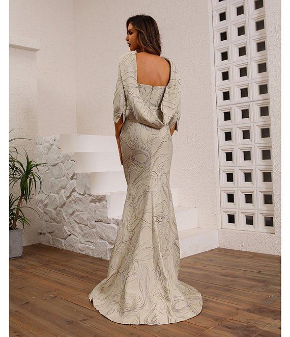 Terani Couture Cowl Back 3/4 Sleeves Jacquard Sheath Gown Product Image